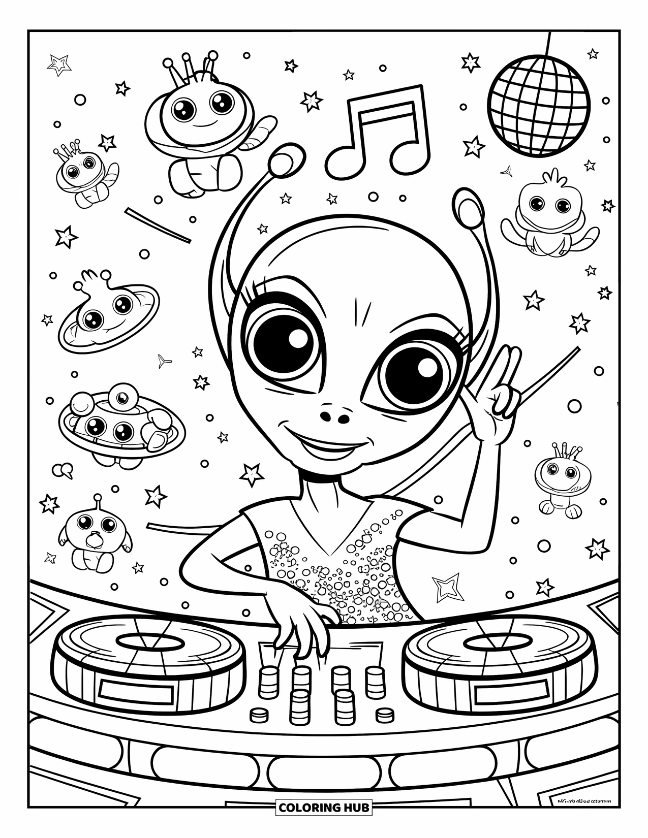 Coloriage d'alien pour enfants : Un DJ alien en paillettes joue de la musique pendant que des aliens dansent sous une boule disco