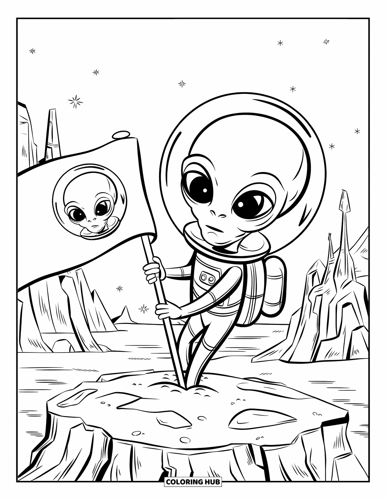 Coloriage d'alien pour enfants : Un explorateur alien plante un drapeau sur un monde alien couvert de flèches