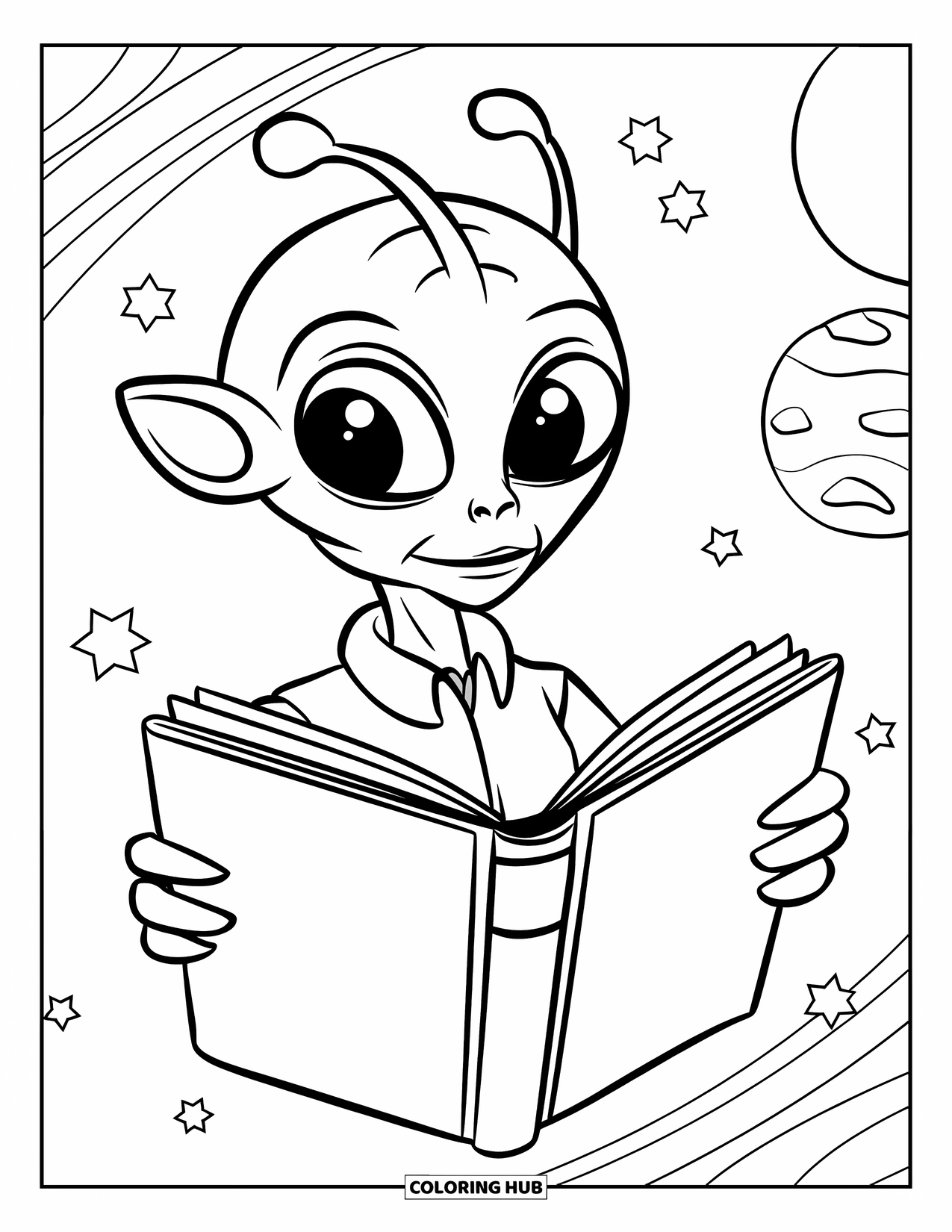 Coloriage d'alien pour enfants : Un alien flotte dans l'espace en lisant un livre, entouré d'étoiles et d'une planète