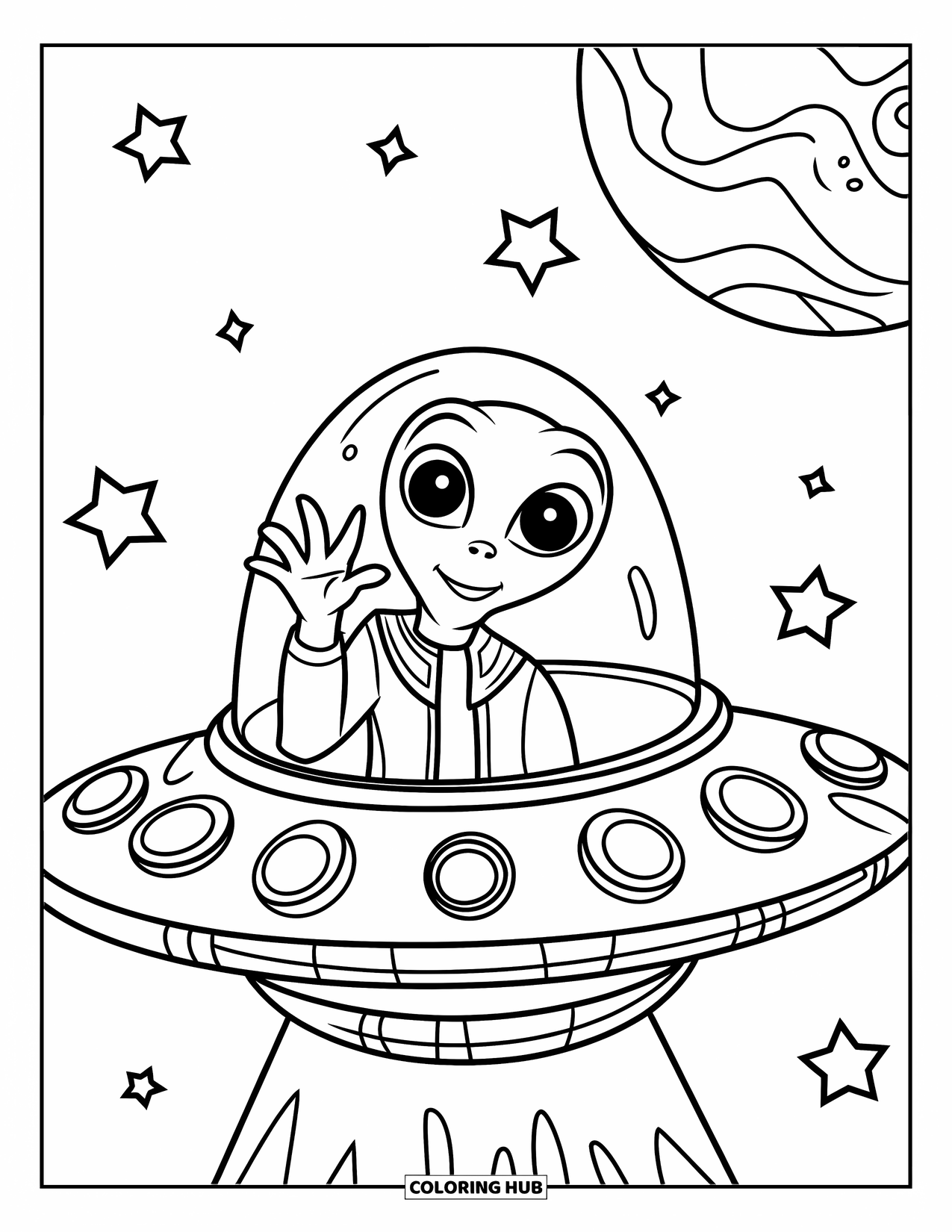 Coloriage d'alien pour enfants : Un alien dans une tenue verte fait signe depuis une fenêtre de soucoupe avec des étoiles et une planète en arrière-plan