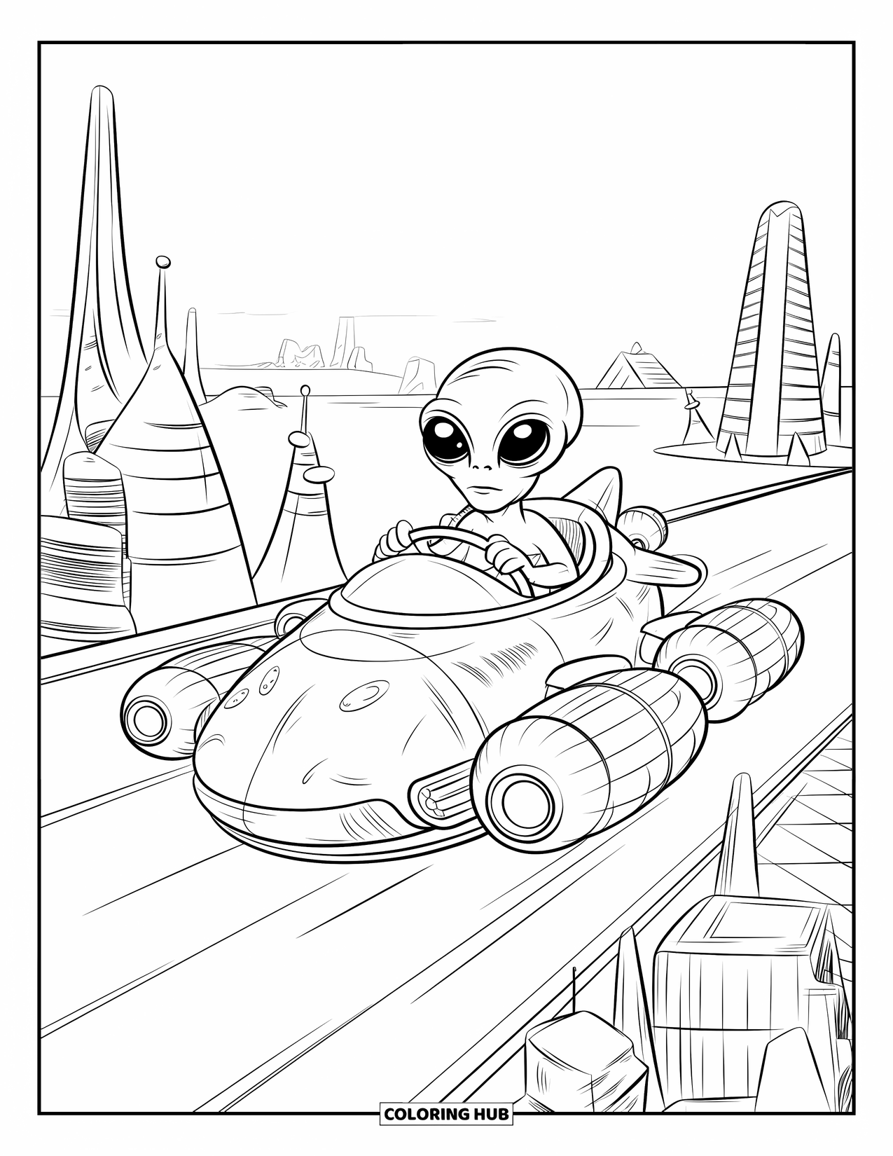 Coloriage d'alien pour enfants : Un alien dans une voiture volante dépasse des gratte-ciel sauvages et sinueux dans l'espace