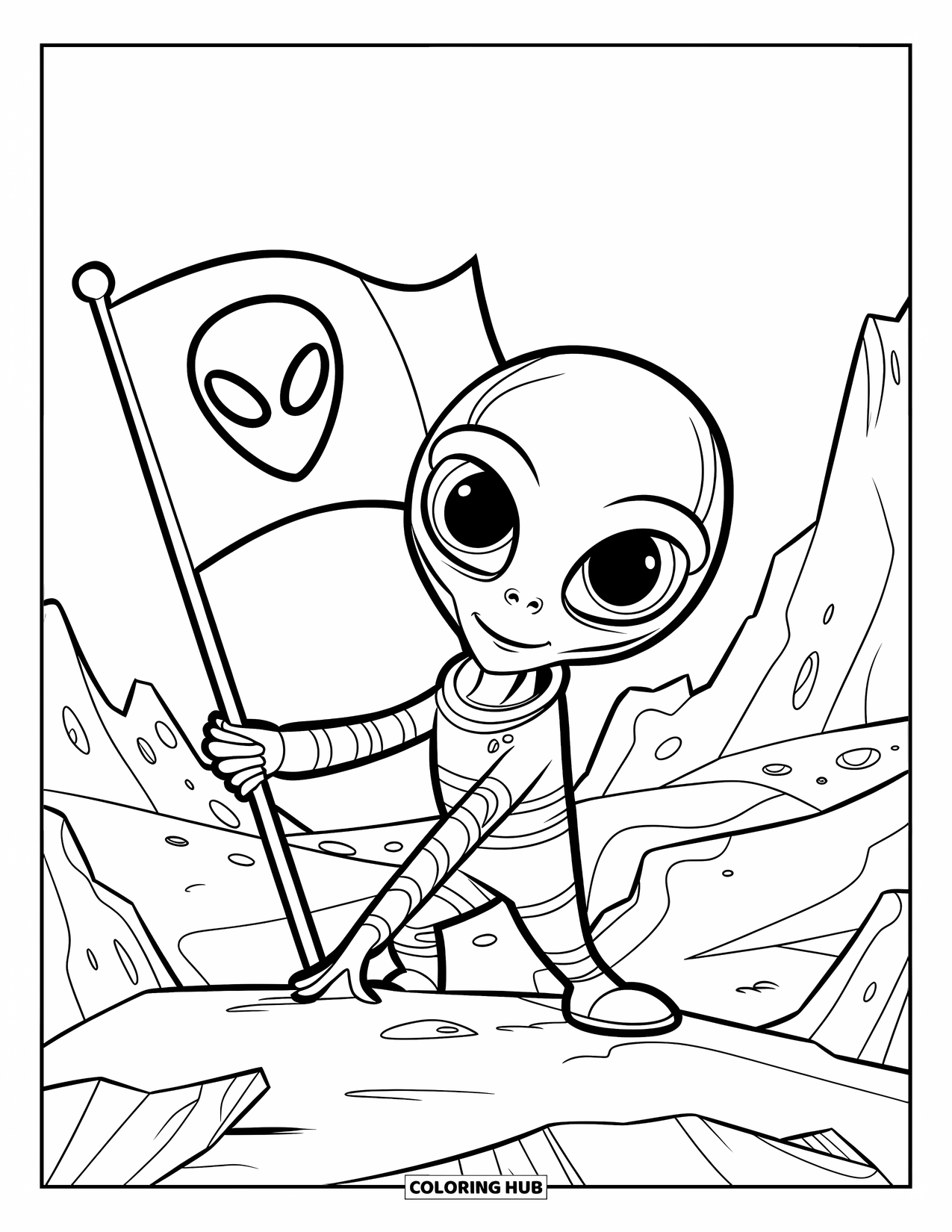 Coloriage d'alien pour enfants : Un alien dans une combinaison spatiale plante un drapeau sur un terrain rocheux