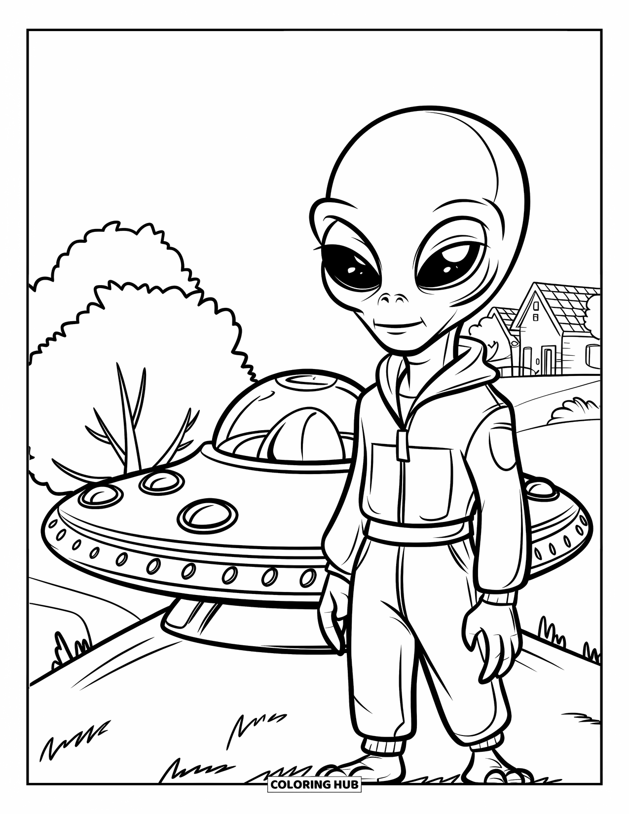 Coloriage d'alien pour enfants : Un alien se tient à côté d'un OVNI à dôme sur une colline herbeuse