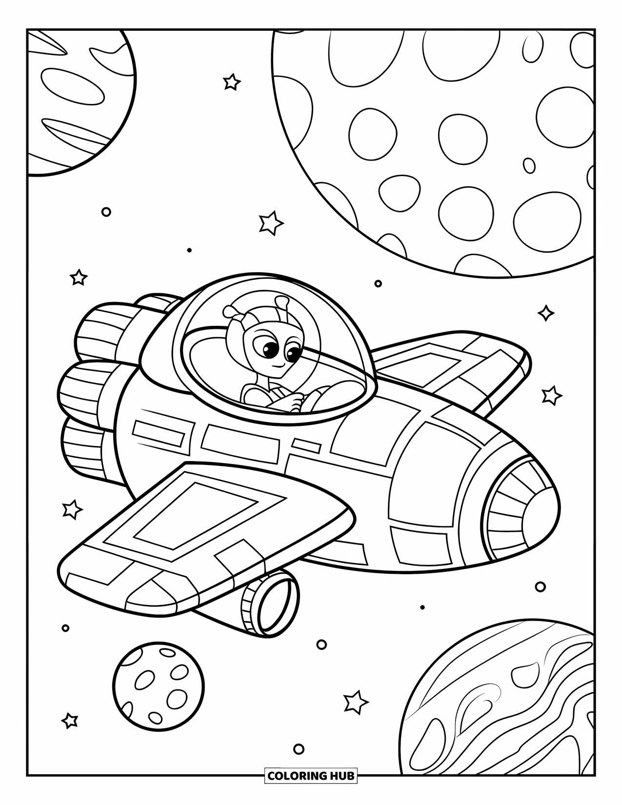 Coloriage d'alien pour enfants : Un alien pilote un vaisseau spatial devant des planètes dans l'espace étoilé profond