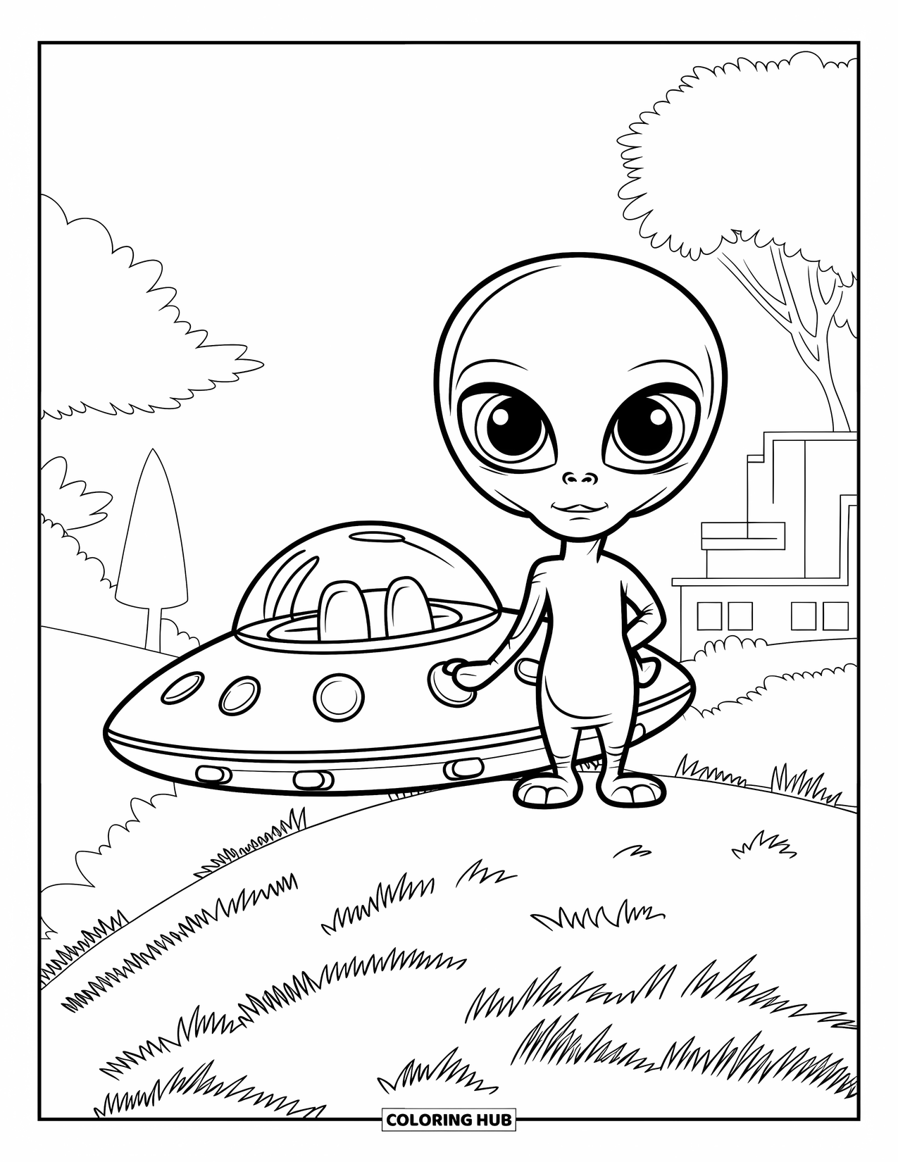 Coloriage d'alien pour enfants : Un alien avec de grands yeux se tient à côté d'une soucoupe volante sur une pente herbeuse