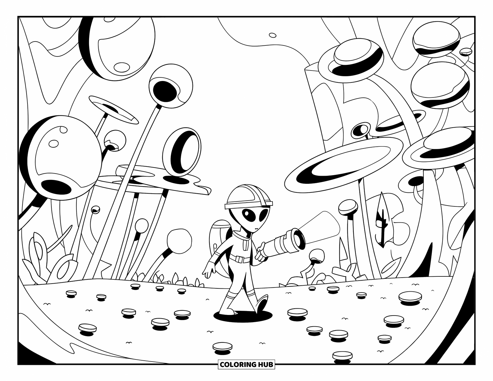 Coloriage d'alien pour enfants : Un alien avec une lampe de poche explore une forêt surréaliste de formes et de ciels ouverts