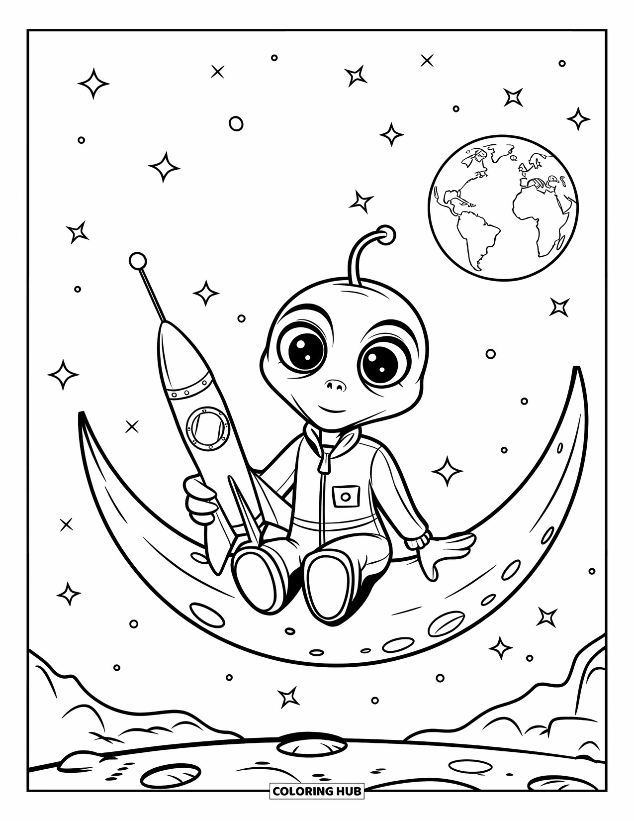 Coloriage d'alien pour enfants : Un alien aux grands yeux dans une combinaison rouge tient une fusée sur la lune avec la Terre et des étoiles derrière