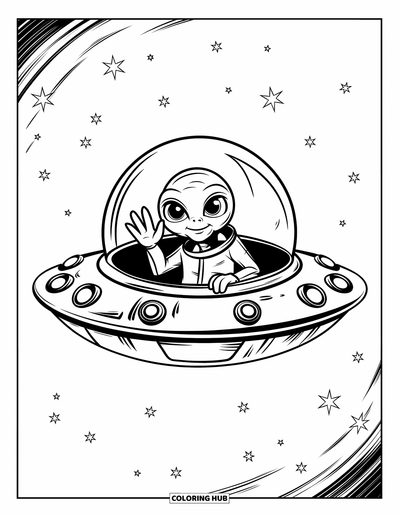 Coloriage d'alien pour enfants : Un alien aux grands yeux en costume fait signe depuis une soucoupe volant dans un ciel étoilé blanc
