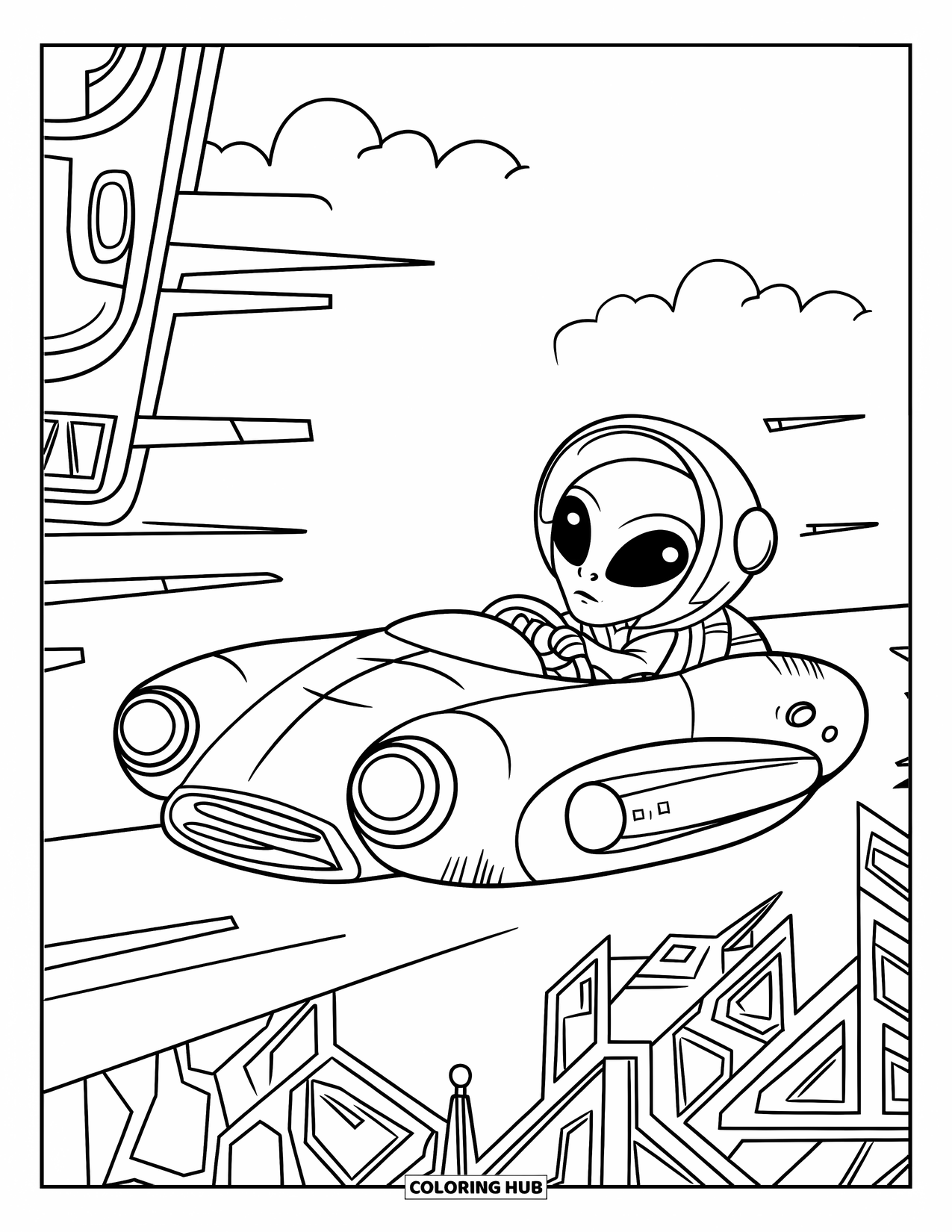 Coloriage d'alien pour enfants : Un alien aux grands yeux zoome dans une voiture volante entre des tours flottantes et des ciels nuageux