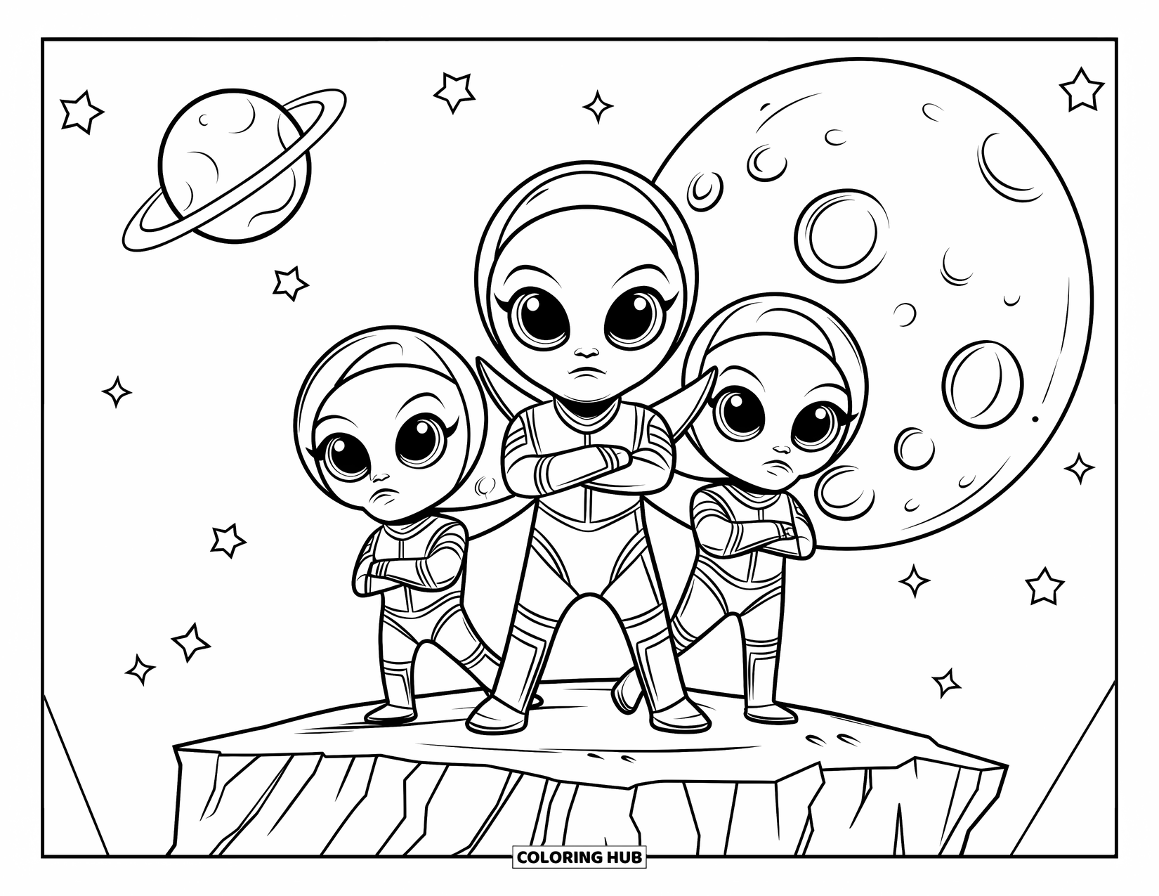 Coloriage d'alien pour enfants : Des aliens courageux posent sur une falaise lunaire avec des étoiles et une planète brillante