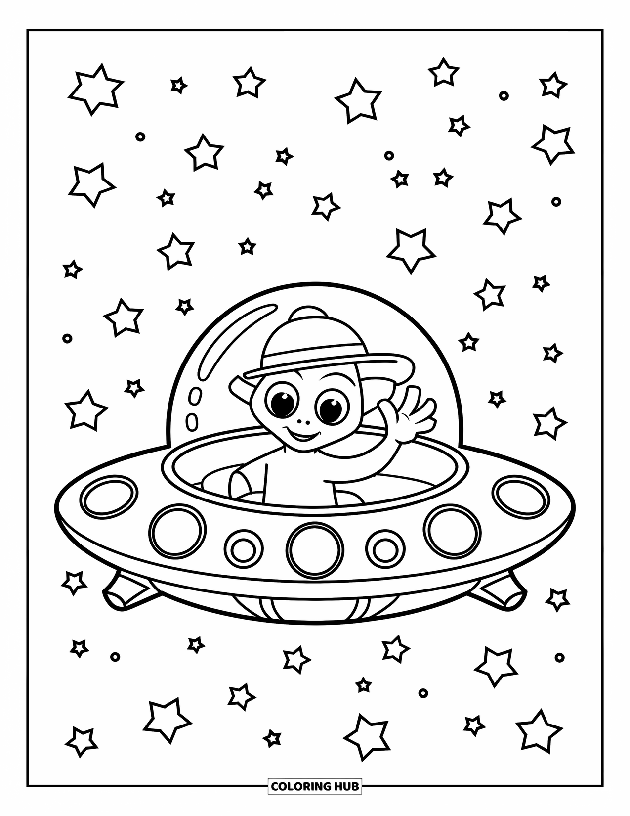 Coloriage d'alien pour enfants : Un alien joyeux portant un chapeau fait signe depuis une soucoupe volant dans un ciel étoilé