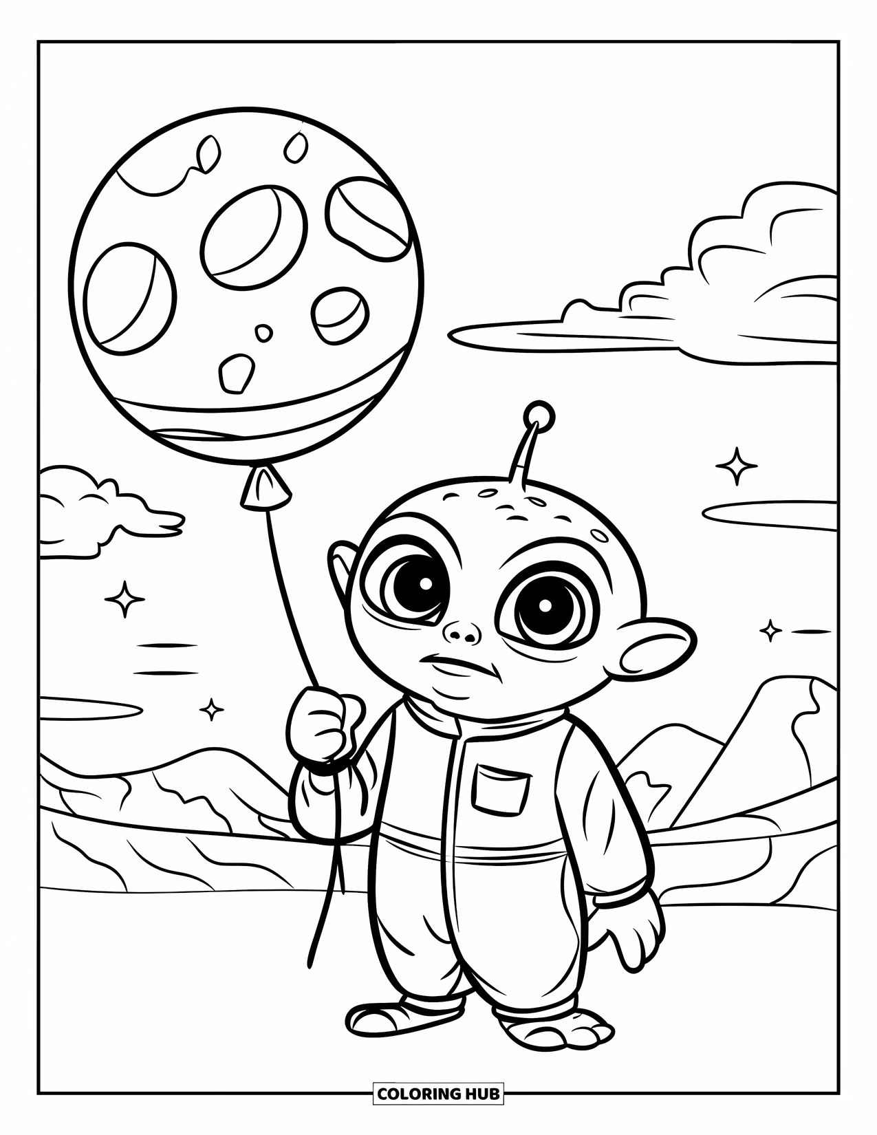 Coloriage d'alien pour enfants : Un alien potelé dans une combinaison bleue tient un ballon planète sous des nuages et des montagnes lointaines