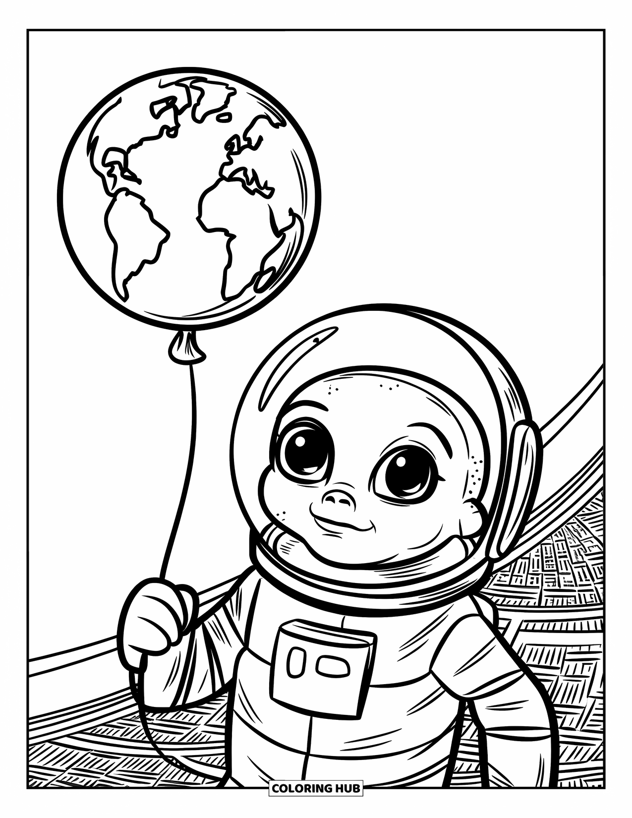 Coloriage d'alien pour enfants : Un alien potelé dans un casque tient un ballon en forme de planète, flottant au-dessus d'un fond texturé