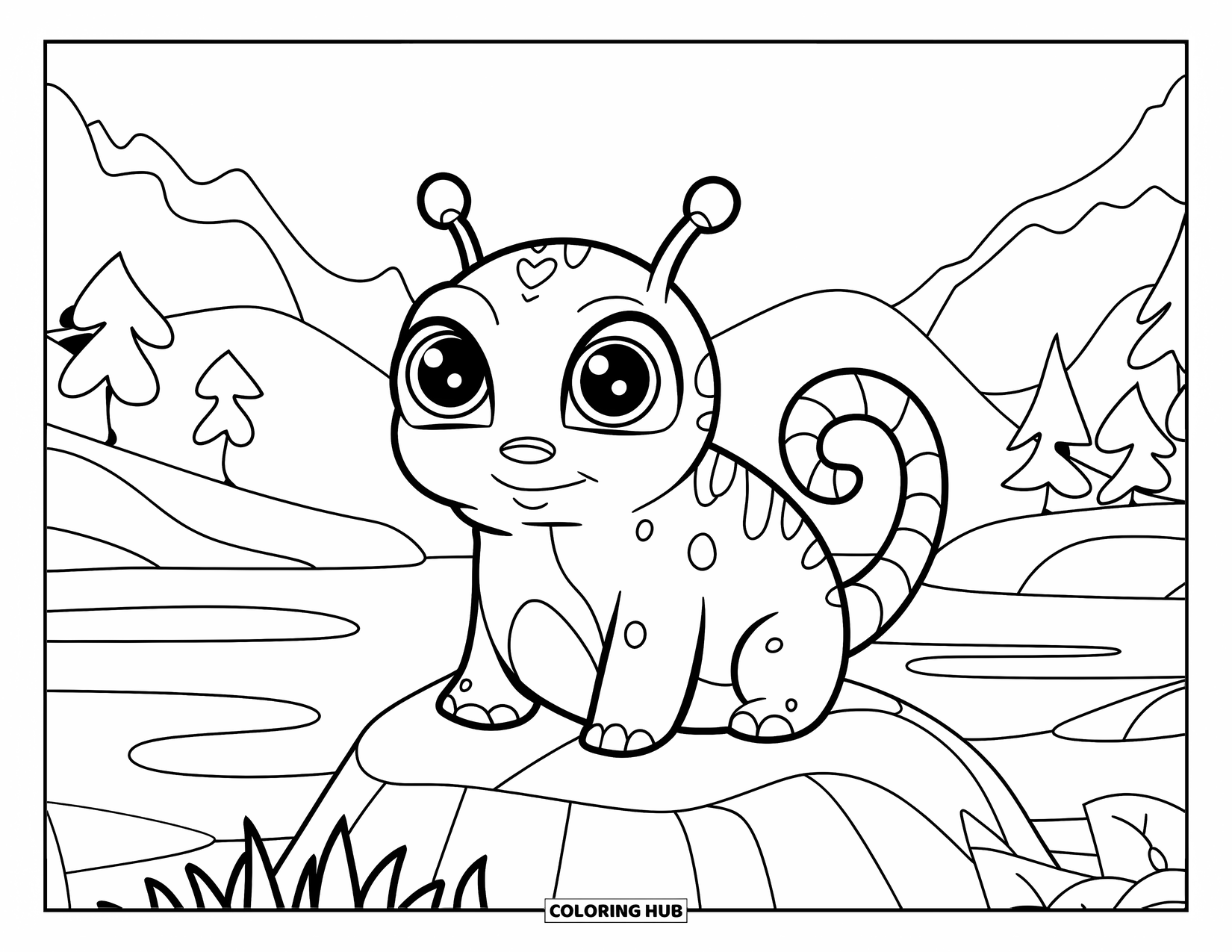 Coloriage d'alien pour enfants : Un alien de compagnie potelé avec de grands yeux et une queue bouclée est assis sur un rocher