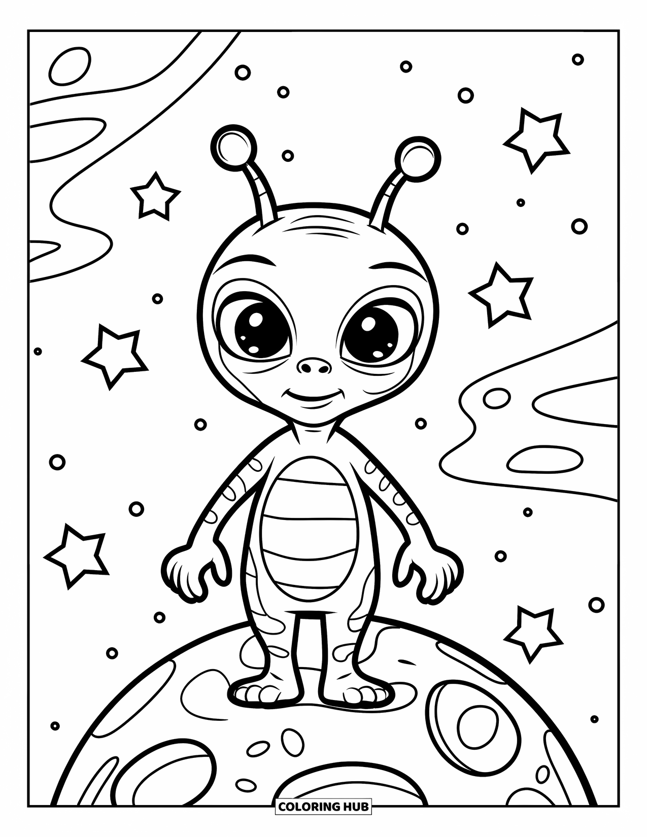 Coloriage d'alien pour enfants : Une planète cratérisée sous les pieds, un alien avec des antennes se tient parmi les étoiles