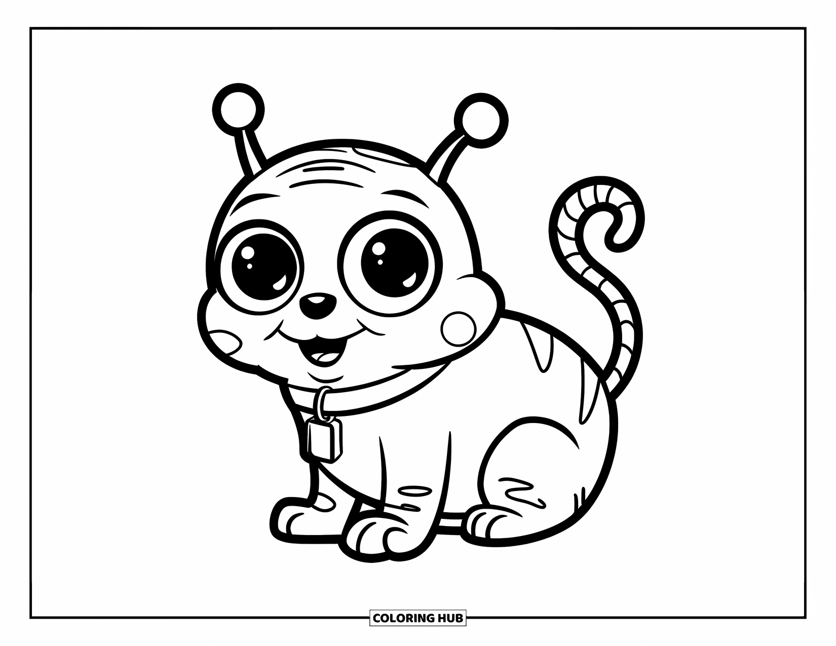 Coloriage d'alien pour enfants : Une créature alien mignonne avec un collier est assise joyeusement, facile à colorier