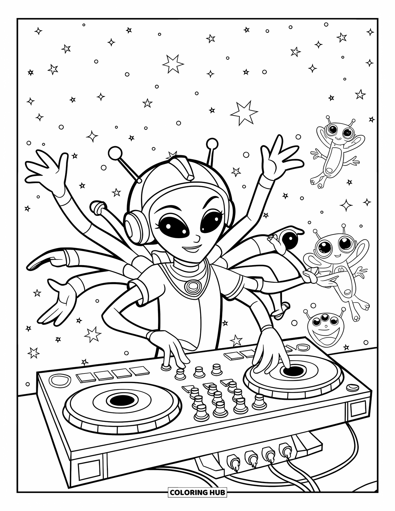Coloriage d'alien pour enfants : Un DJ alien enflamme une piste de danse étoilée remplie d'aliens et de notes de musique