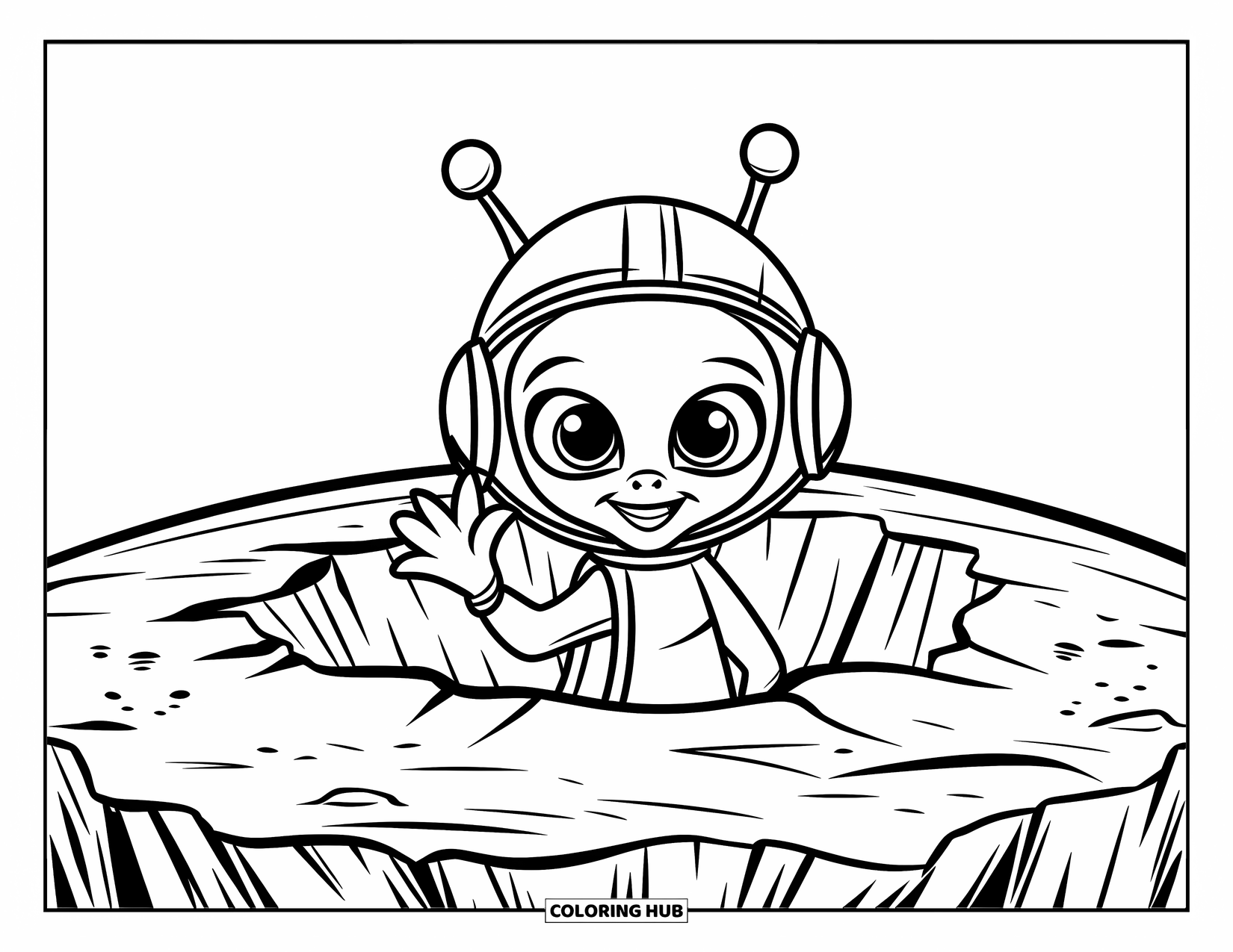 Coloriage d'alien pour enfants : Un alien heureux fait signe depuis un cratère sur une surface de planète texturée