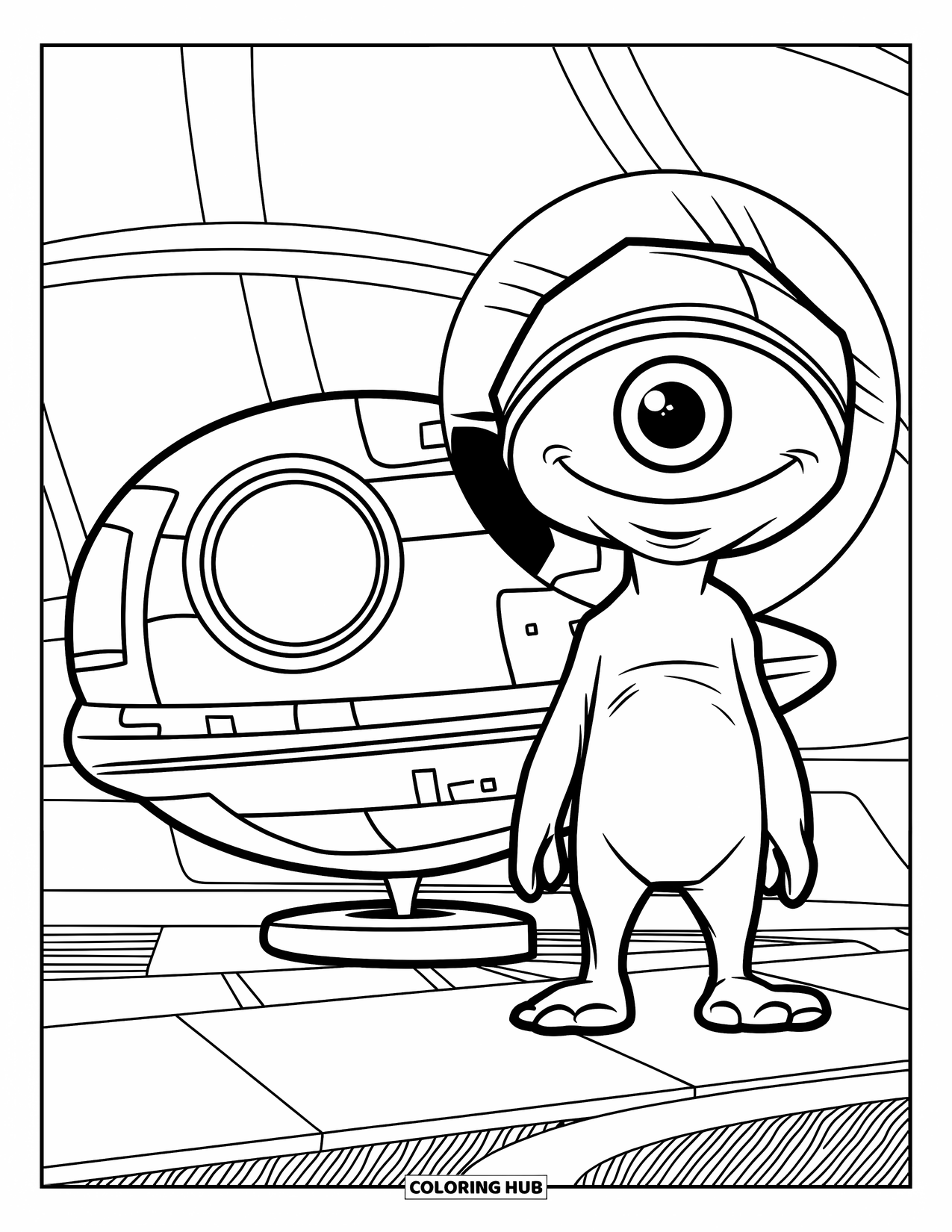 Coloriage d'alien pour enfants : Un alien heureux avec un œil et un chapeau vert se tient à côté d'un vaisseau spatial sur une plate-forme simple