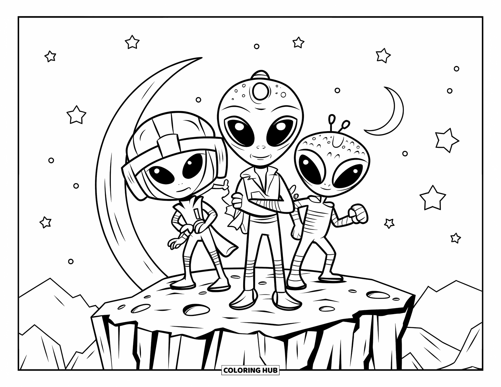 Coloriage d'alien pour enfants : Un trio héroïque d'aliens sur une falaise sous les étoiles et un croissant de lune