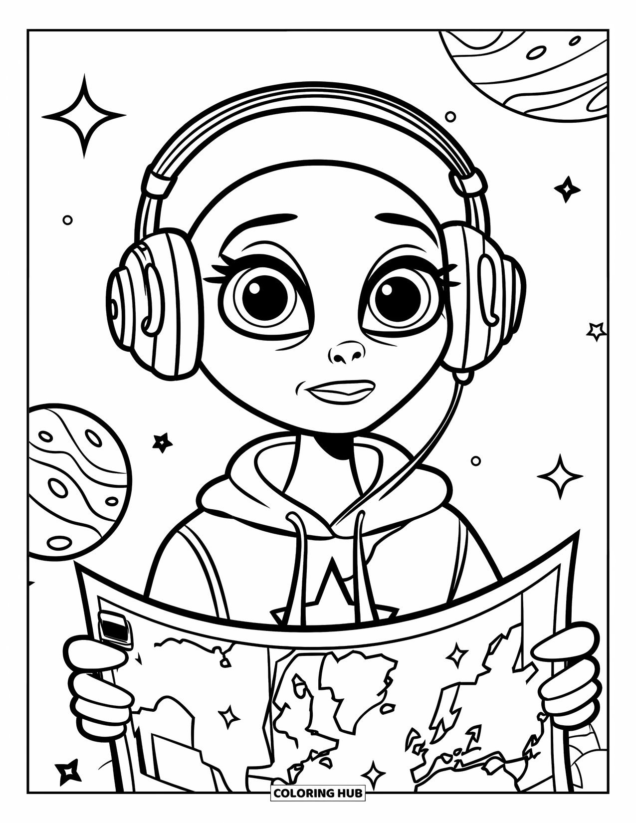 Coloriage d'alien pour enfants : Un adolescent alien portant un sweat à capuche et des écouteurs flotte au-dessus d'une planète brillante