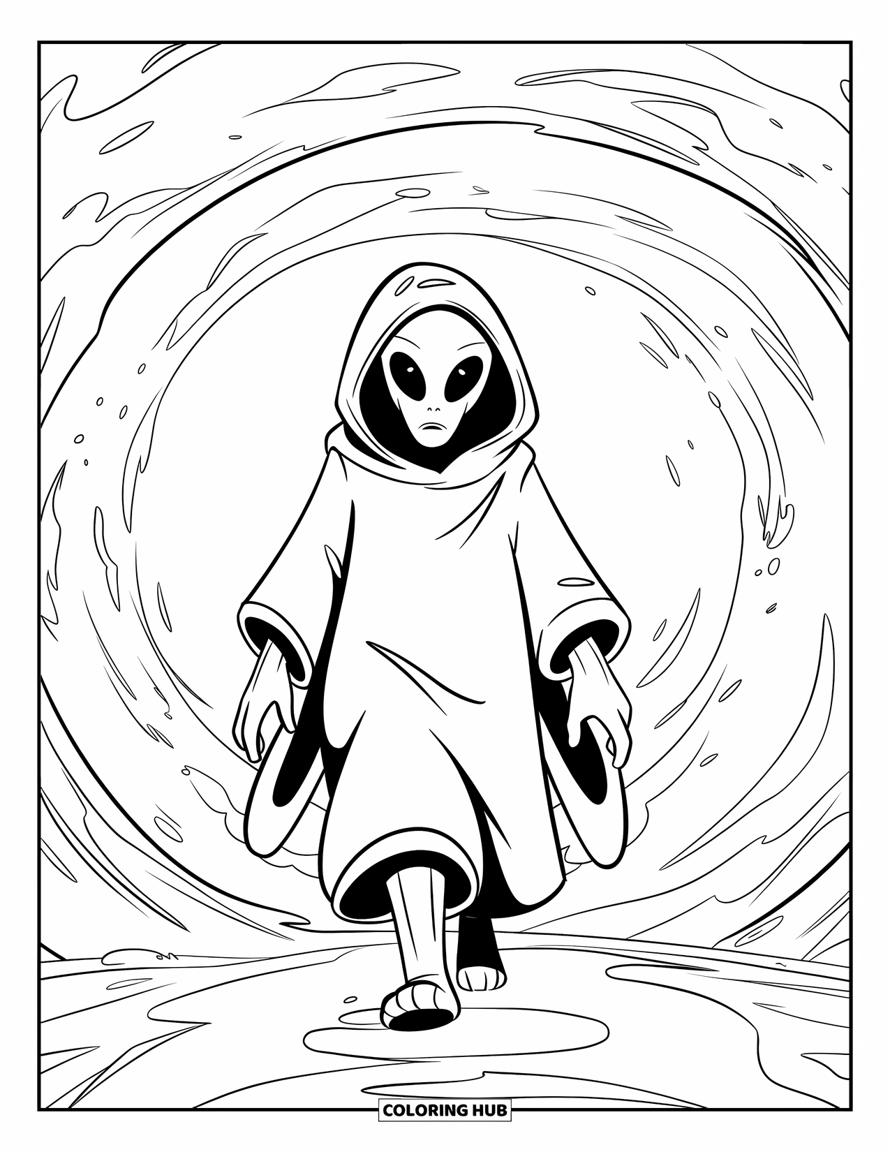 Coloriage d'alien pour enfants : Un alien mystérieux en robe traverse un portail d'énergie brillant
