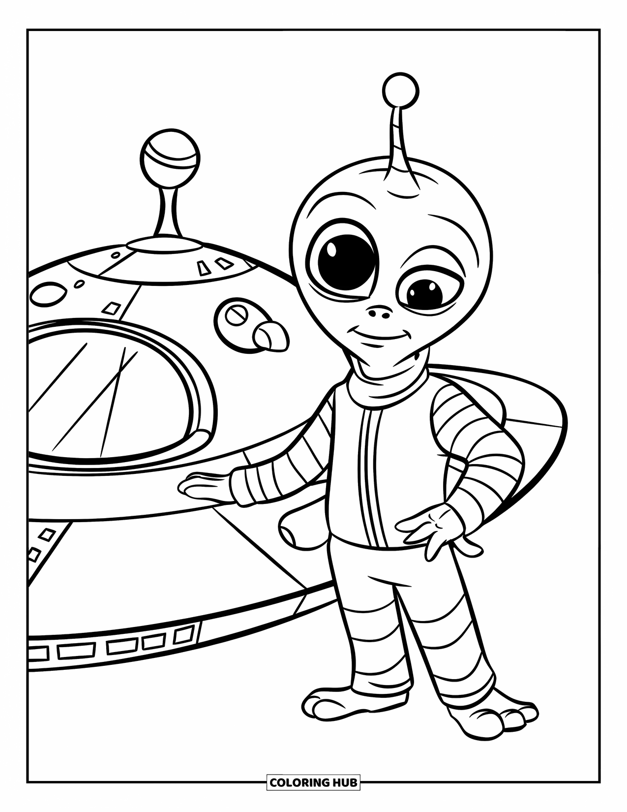 Coloriage d'alien pour enfants : Un alien borgne dans une tenue bleue se tient à côté d'un vaisseau spatial rond avec des formes audacieuses et faciles