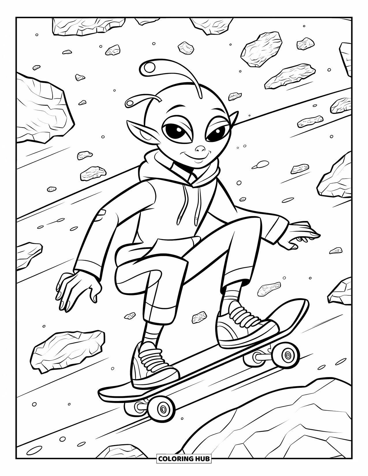 Coloriage d'alien pour enfants : Un alien à capuche violette patine à travers une ceinture d'astéroïdes avec une ambiance détendue
