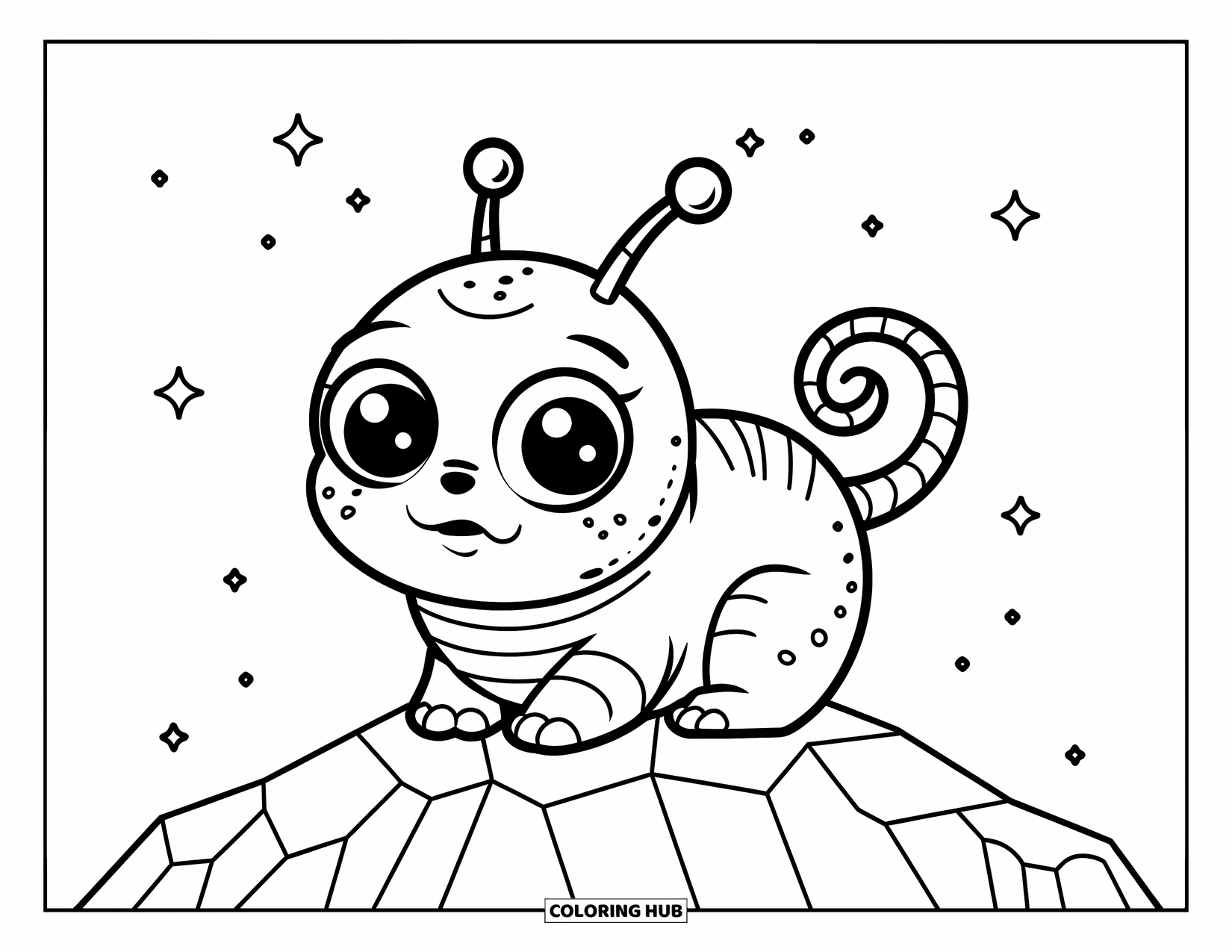Coloriage d'alien pour enfants : Un alien de compagnie rond est assis sous un ciel étoilé, souriant avec de grands yeux