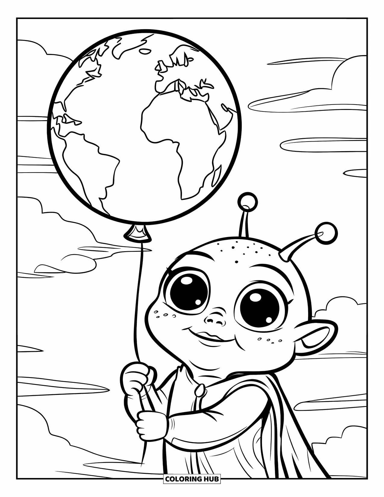 Coloriage d'alien pour enfants : Un alien aux yeux ronds dans une tenue verte tient un ballon planète avec des nuages dérivant dans le ciel