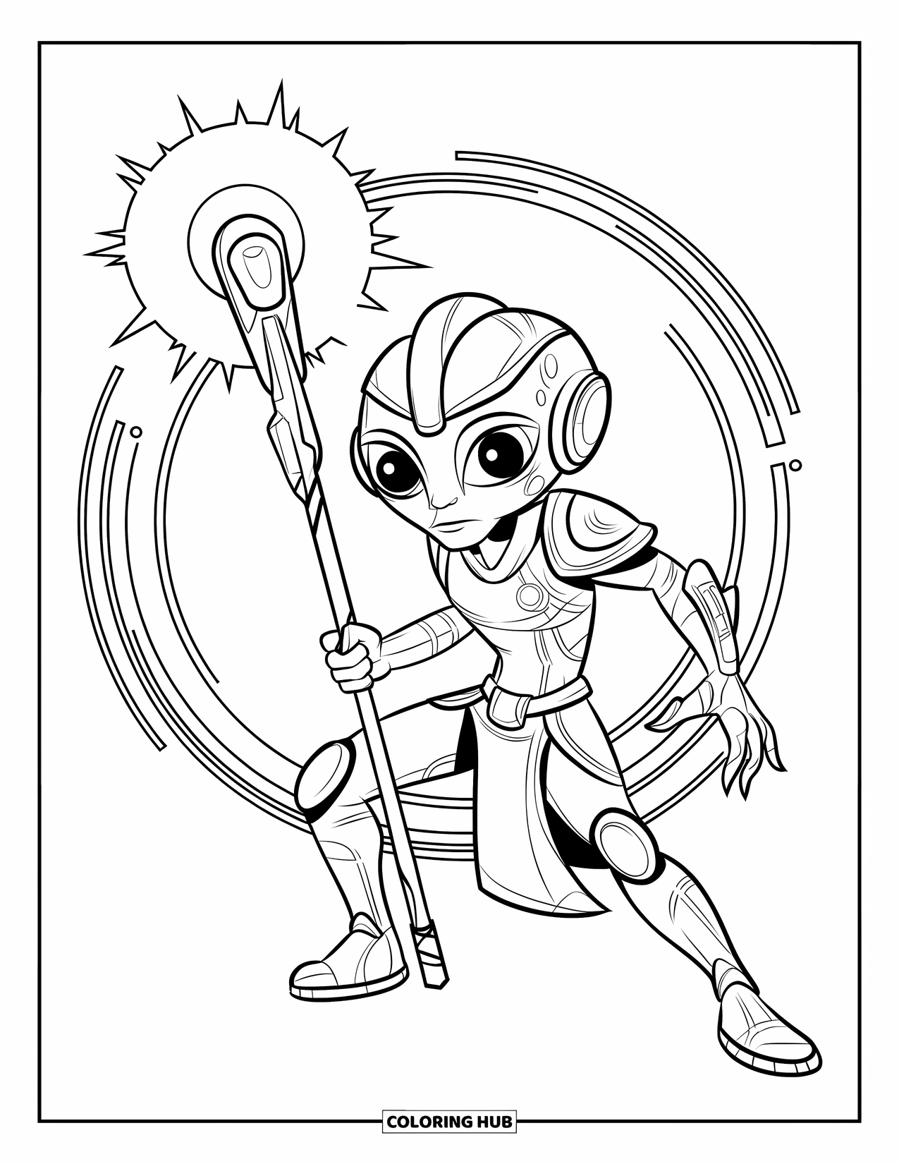 Coloriage d'alien pour enfants : Un guerrier alien aux yeux perçants serre un bâton lumineux sur un fond à motifs