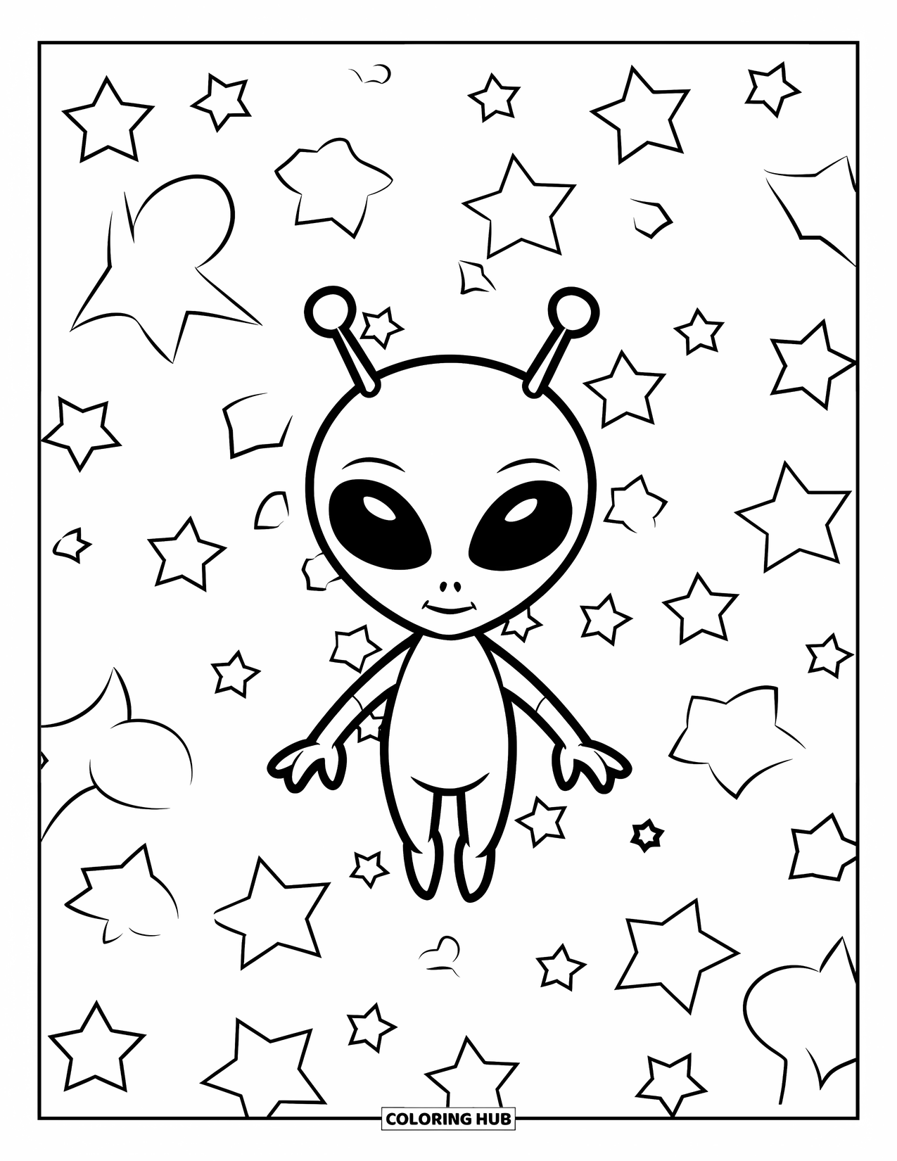 Coloriage d'alien pour enfants : Un alien simple avec des antennes flotte paisiblement parmi les étoiles