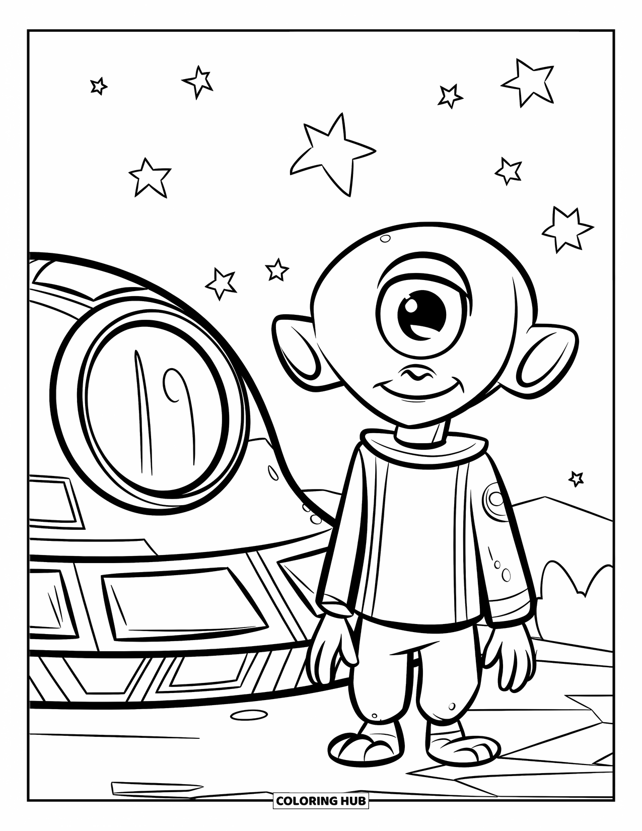 Coloriage d'alien pour enfants : Un alien borgne souriant dans une tenue verte se tient près d'un vaisseau spatial rond sous un ciel étoilé