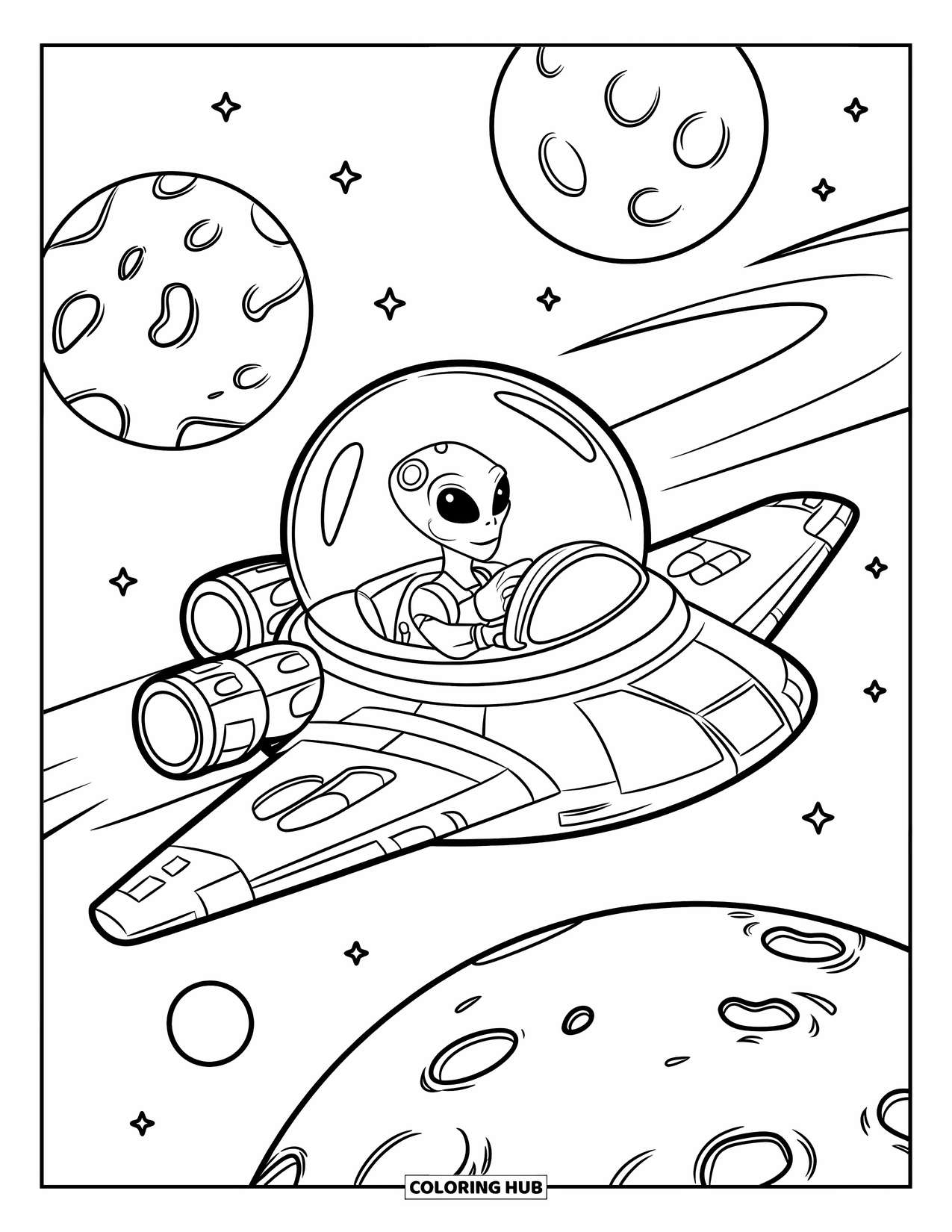 Coloriage d'alien pour enfants : Un vaisseau spatial avec une fenêtre à bulles s'envole devant des planètes cratérisées