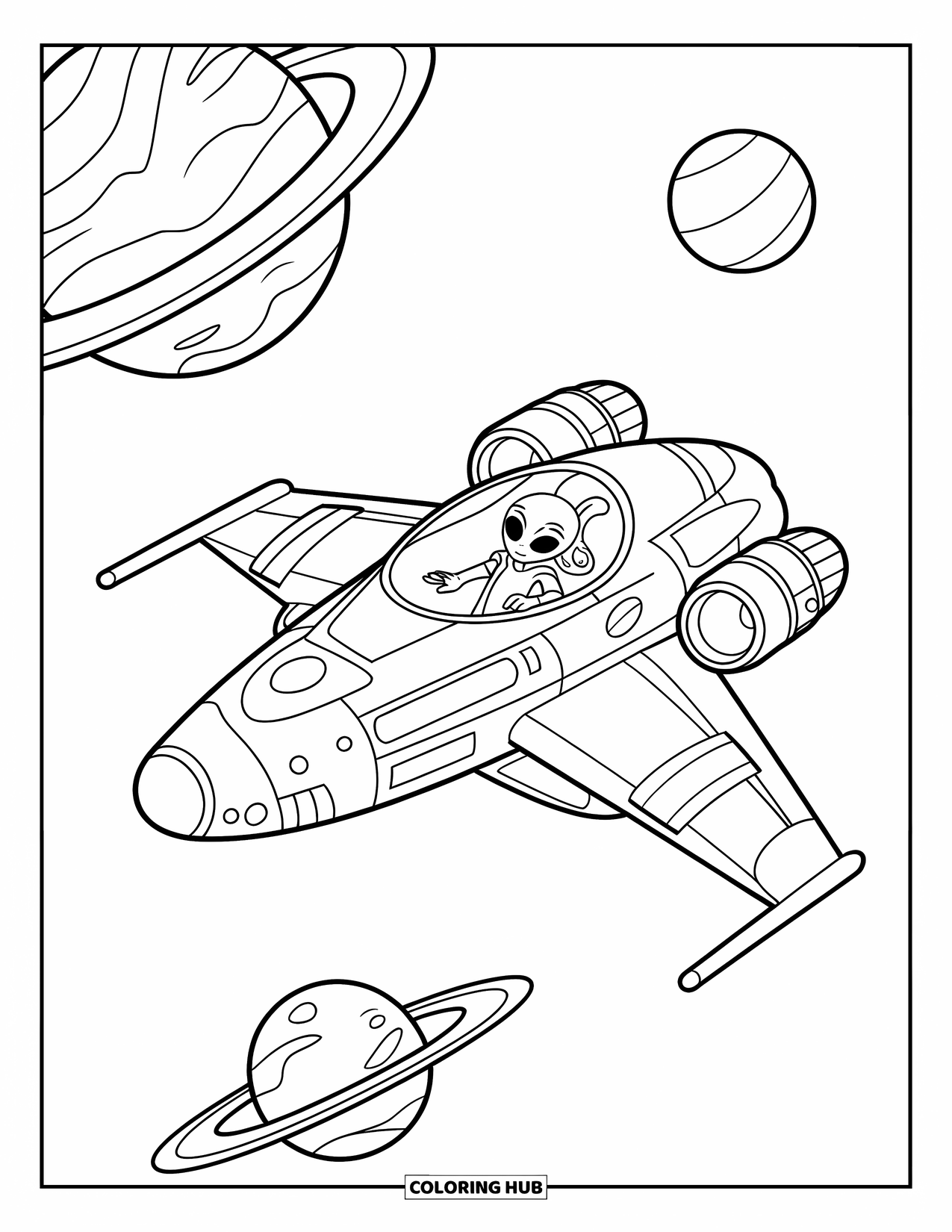 Coloriage d'alien pour enfants : Un vaisseau spatial file devant des planètes avec un pilote alien à l'intérieur