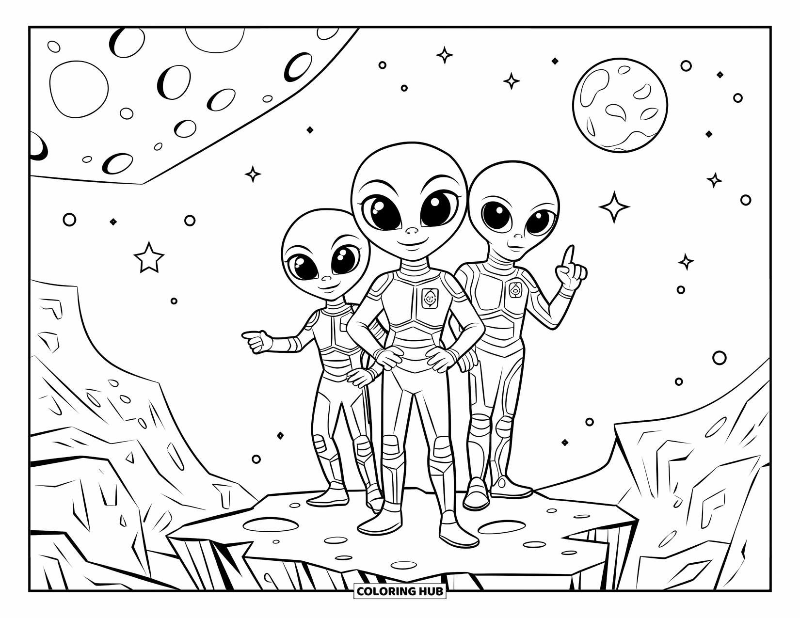 Coloriage d'alien pour enfants : Trois aliens se tiennent debout sur une falaise lunaire cratérisée sous un ciel étoilé