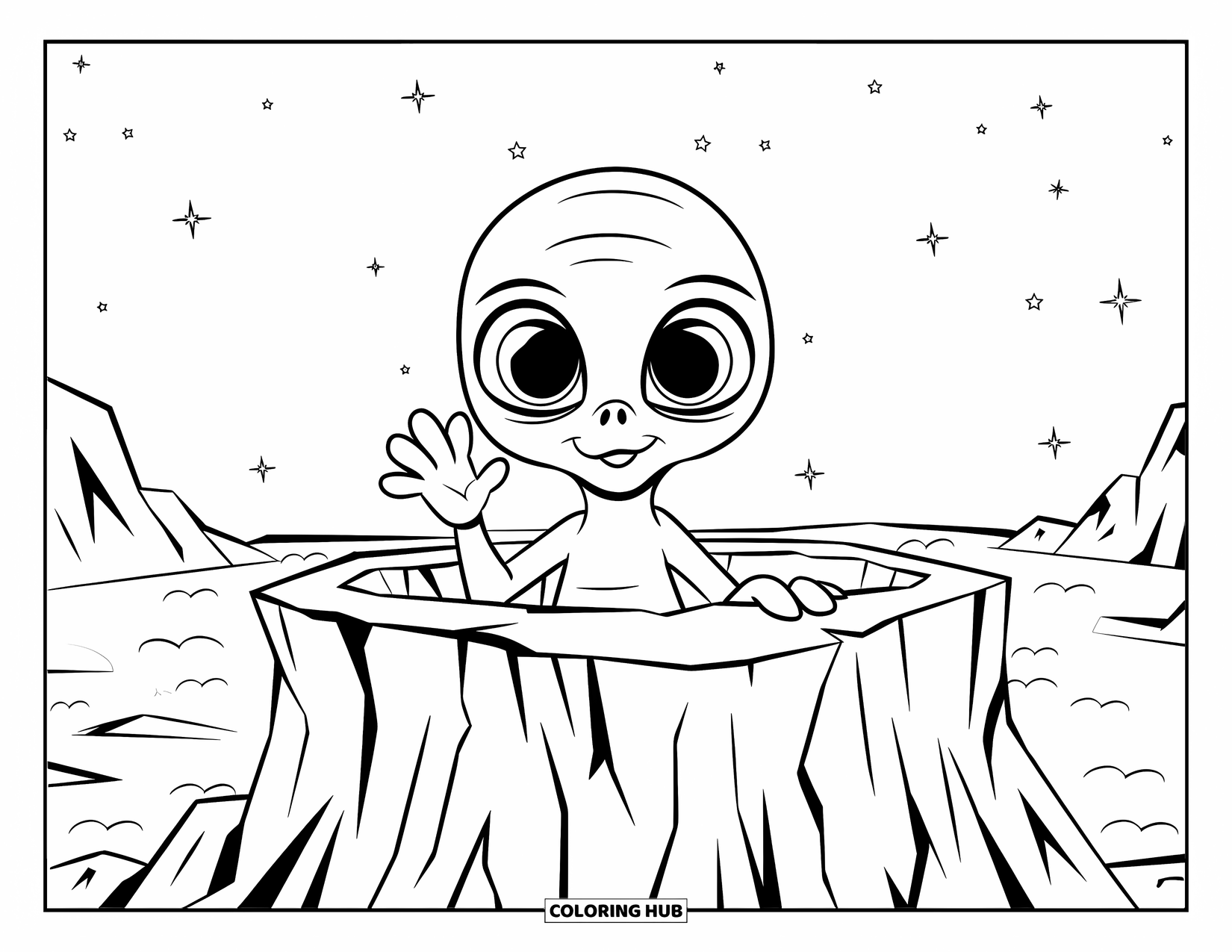 Coloriage d'alien pour enfants : Un alien qui fait signe regarde depuis un cratère sous un ciel rempli d'étoiles