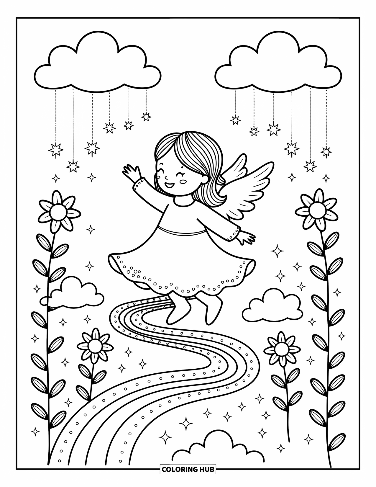Desen de colorat cu îngeri pentru adulți: Un înger vesel dansează pe o potecă curcubeu cu flori în formă de stea