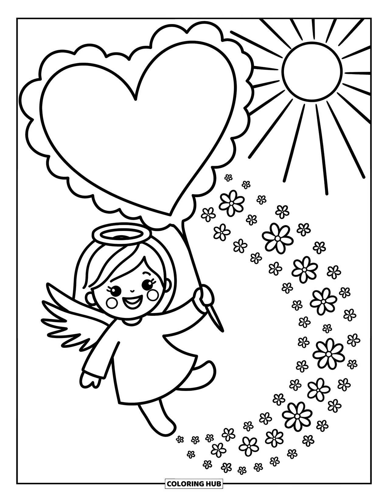 Desen de colorat cu îngeri pentru adulți: Un înger vesel mișcă un nor în formă de inimă cu stele și flori