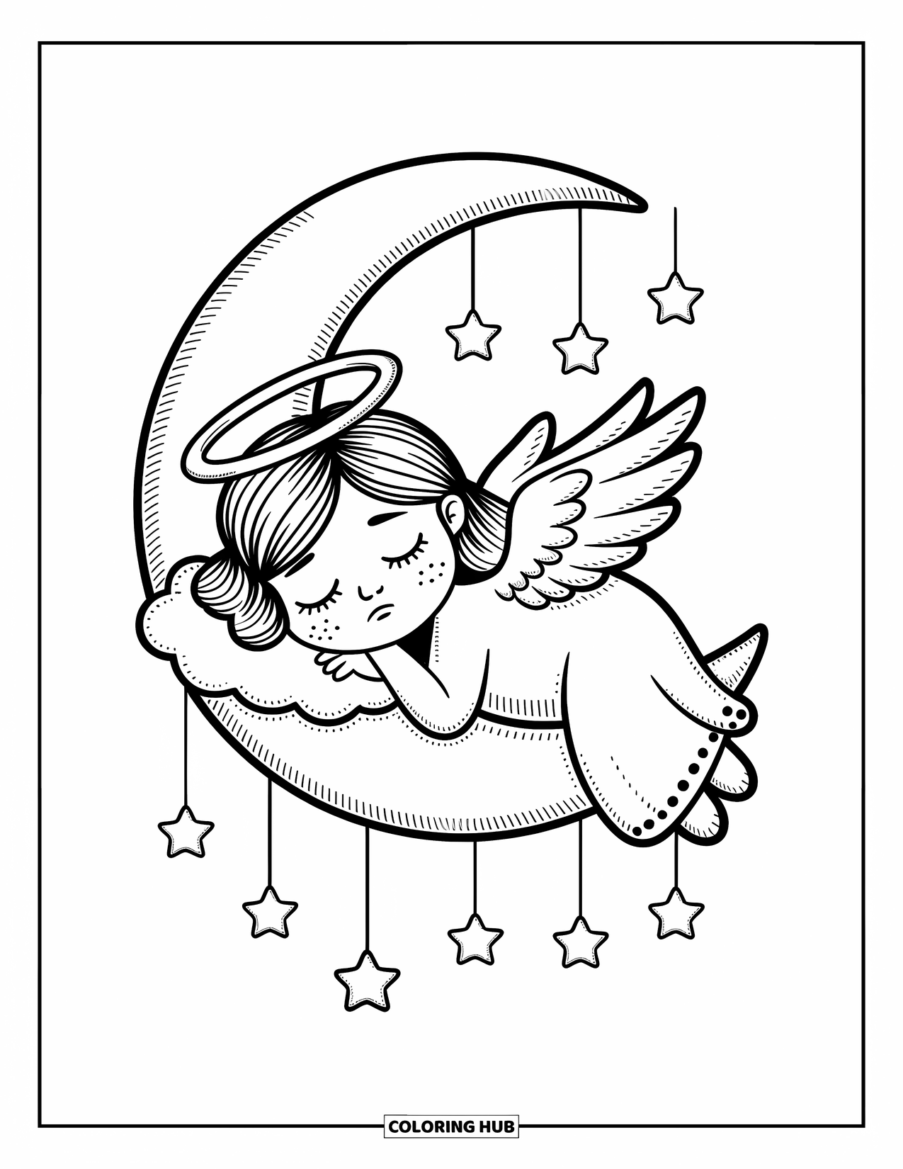 Desen de colorat cu îngeri pentru adulți: Un înger vesel împrăștie inimi strălucitoare care se transformă în flori