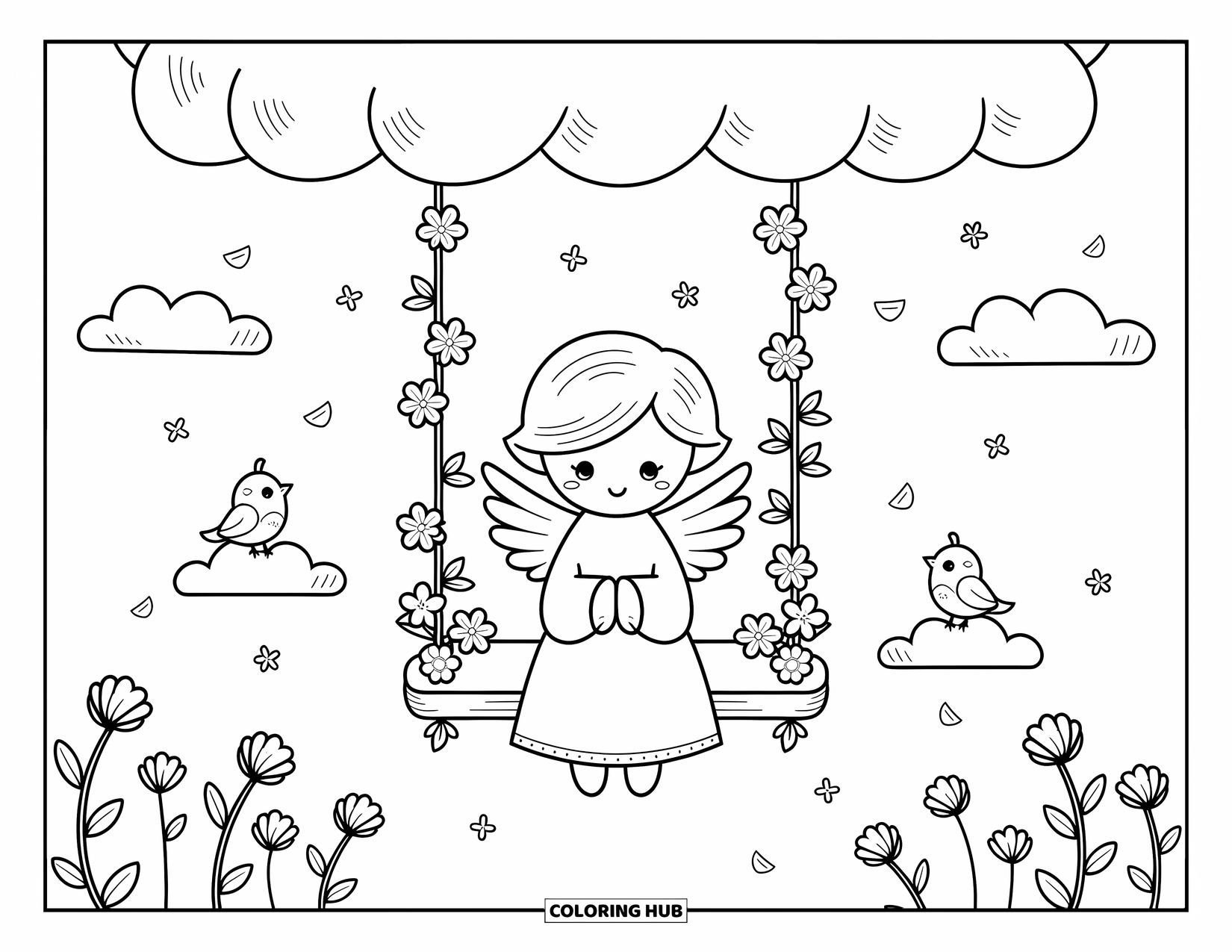Desen de colorat cu îngeri pentru adulți: Un înger vesel se leagănă pe liane de nori cu păsărele cântătoare