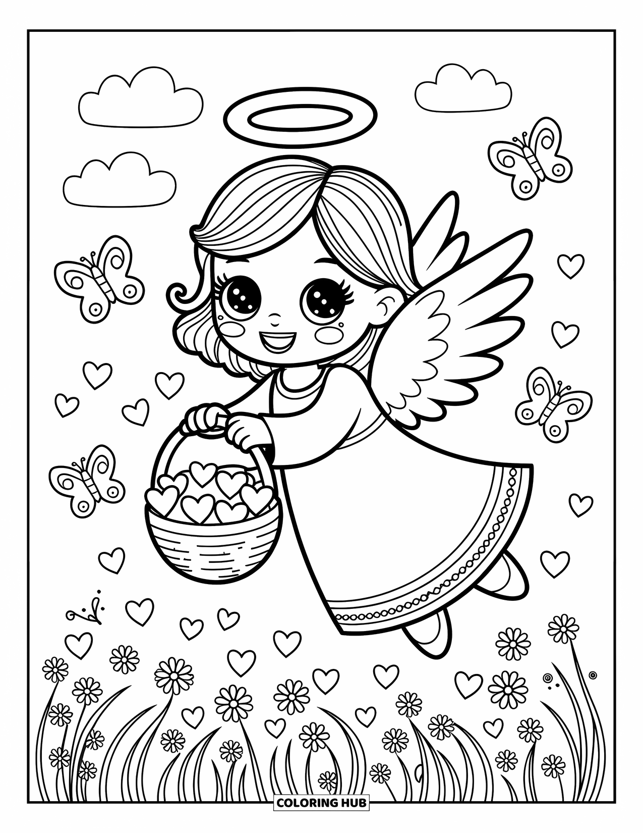 Desen de colorat cu îngeri pentru adulți: Un înger vesel cu o baghetă magică trimite scântei prin nori