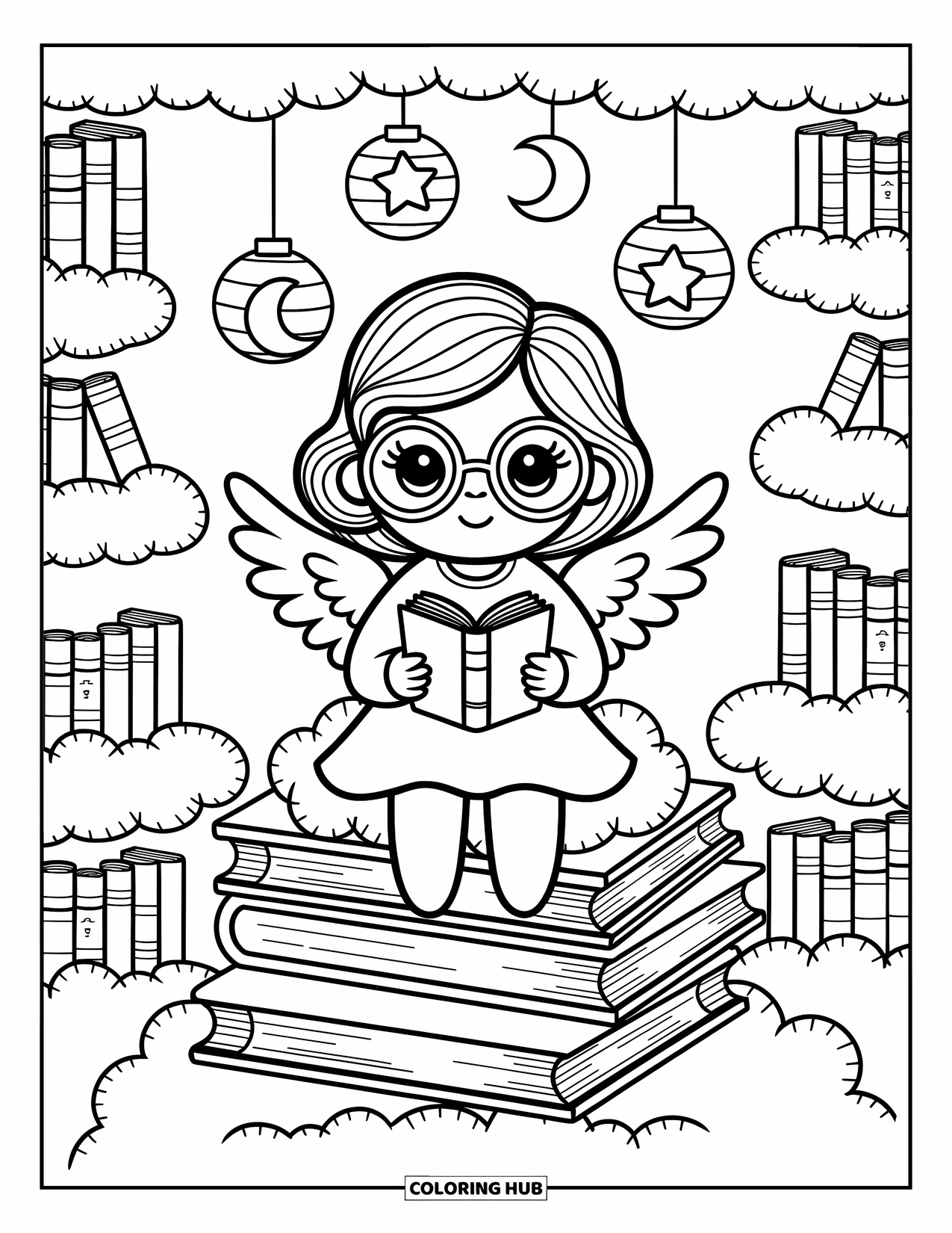 Desen de colorat cu îngeri pentru adulți: Un înger curios citește pe cărți nor cu felinare stelare strălucitoare
