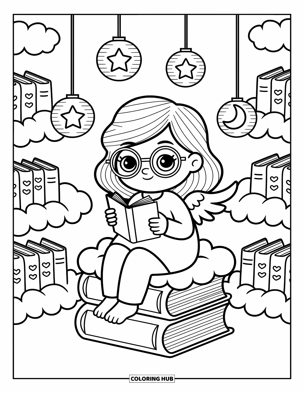 Desen de colorat cu îngeri pentru adulți: Un înger curios cu ochelari citește pe cărți nor și felinare stelare