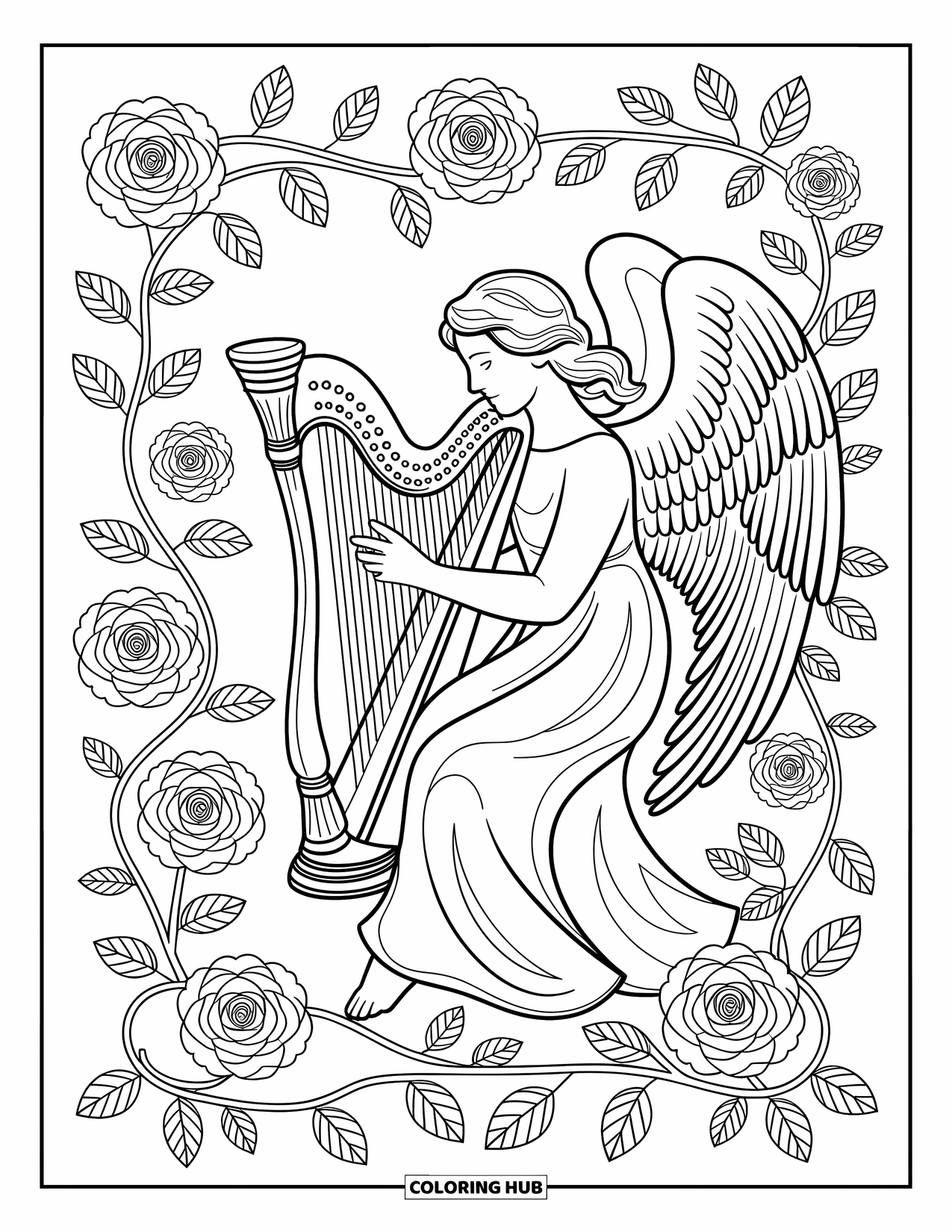 Desen de colorat cu îngeri pentru adulți: Un înger grațios cântă la o harpă înconjurat de trandafiri și liane