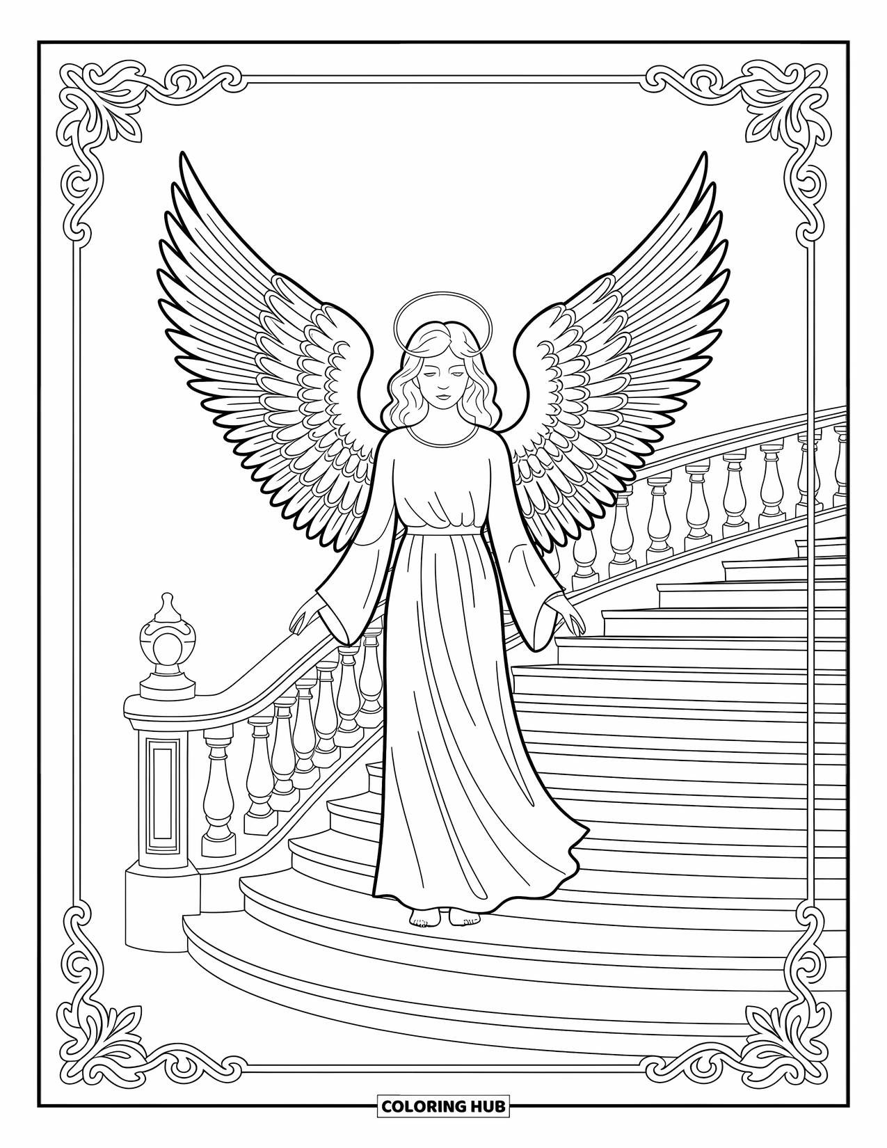 Desen de colorat cu îngeri pentru adulți: Un înger grațios cu modele complicate pe aripi pe o scară