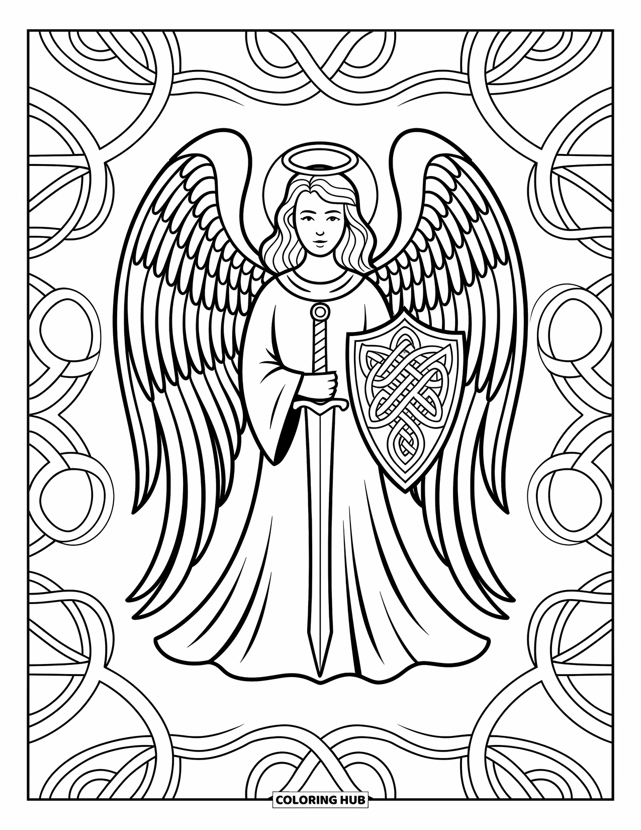 Desen de colorat cu îngeri pentru adulți: Un înger păzitor cu armură cu noduri celtice și aripi expansive