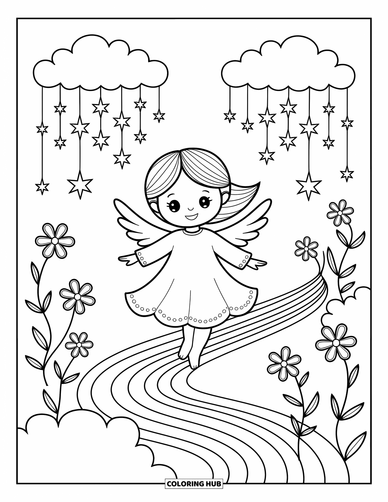 Desen de colorat cu îngeri pentru adulți: Un înger fericit se învârte pe o potecă curcubeu cu flori stelare