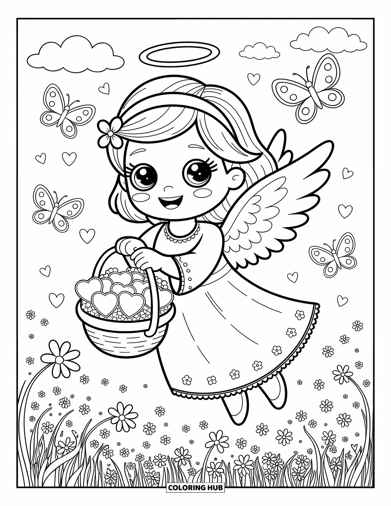 Desen de colorat cu îngeri pentru adulți: Un înger bucuros răspândește inimi strălucitoare care înfloresc în flori