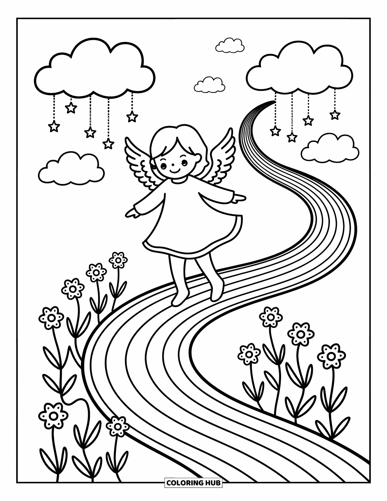 Desen de colorat cu îngeri pentru adulți: Un înger bucuros se învârte pe o potecă curcubeu cu flori stelare
